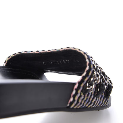 Chanel Tweed Lambskin Chain Flat Sandals 38 Black Multicolor 8 of 11