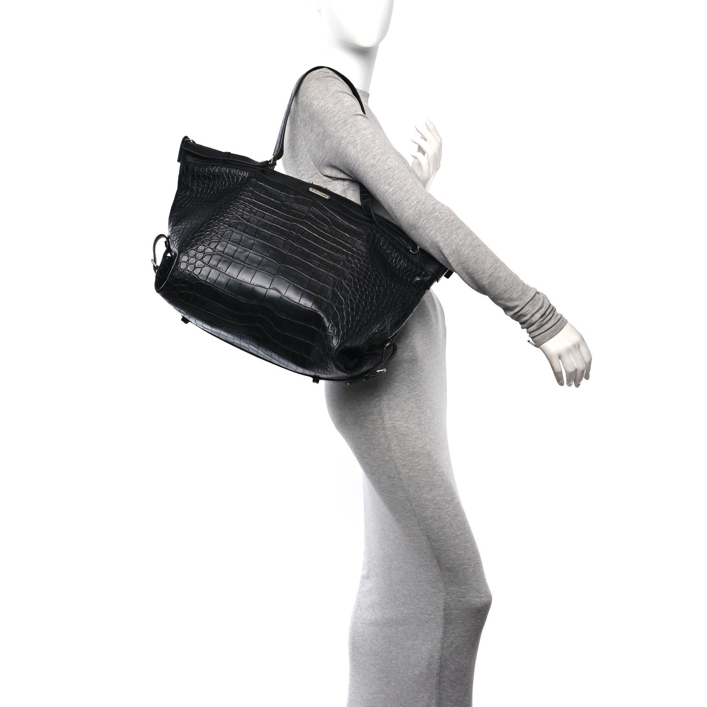 Calfskin Crocodile Embossed Large Convertible ID Bag Black