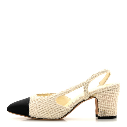 Chanel Tweed Cap Toe CC Slingback Pumps 36 Ivory Black 1 of 9