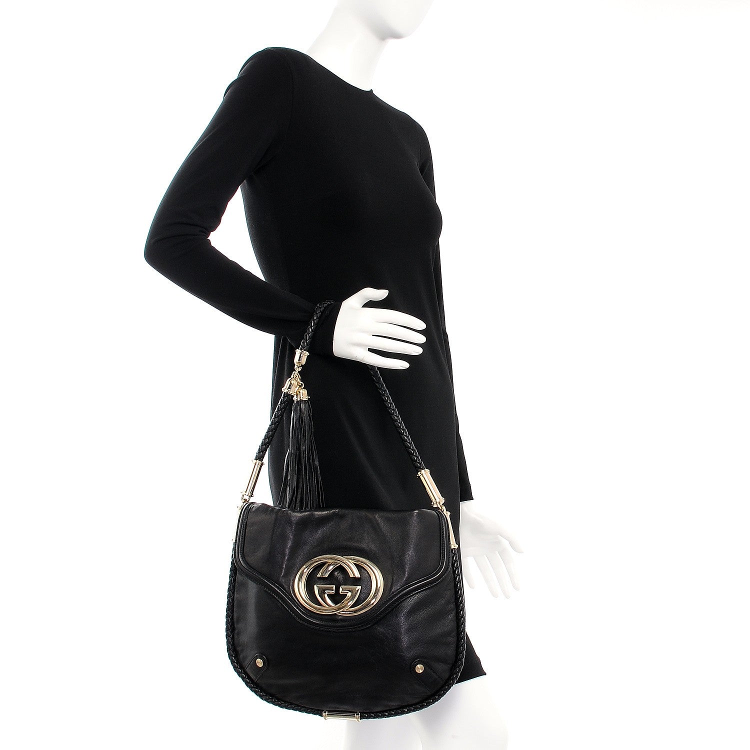 Gucci Calfskin Medium Britt Tassel Shoulder Bag Black 2 of 9