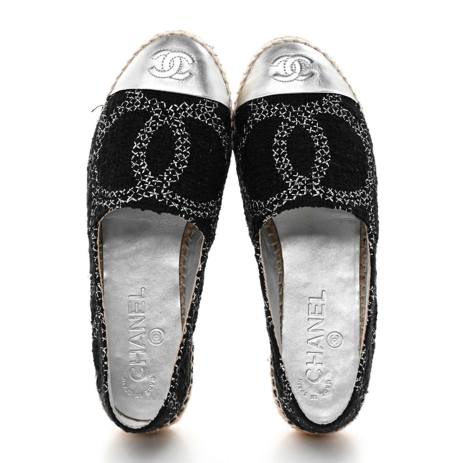 Chanel Metallic Tweed Lambskin CC Espadrilles 36 Black Silver
