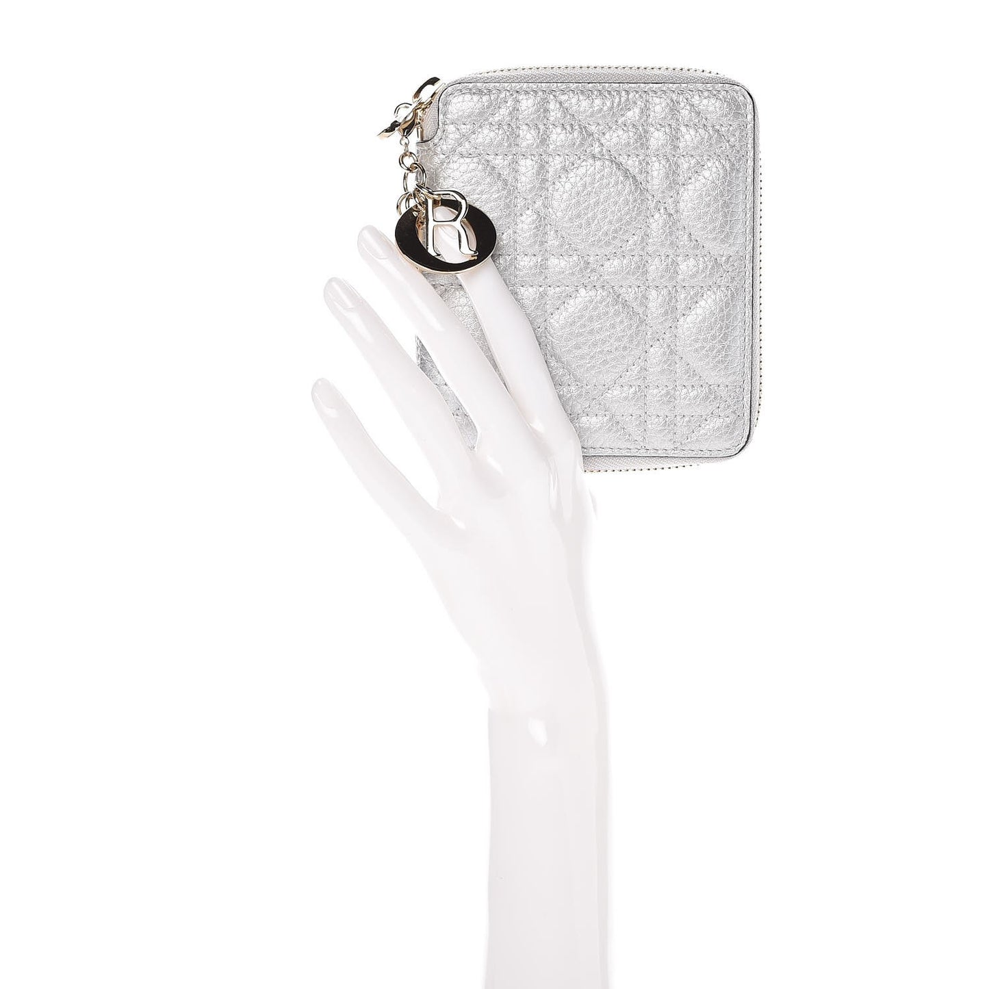 Metallic Calfskin Cannage Lady Dior Medium Wallet Silver