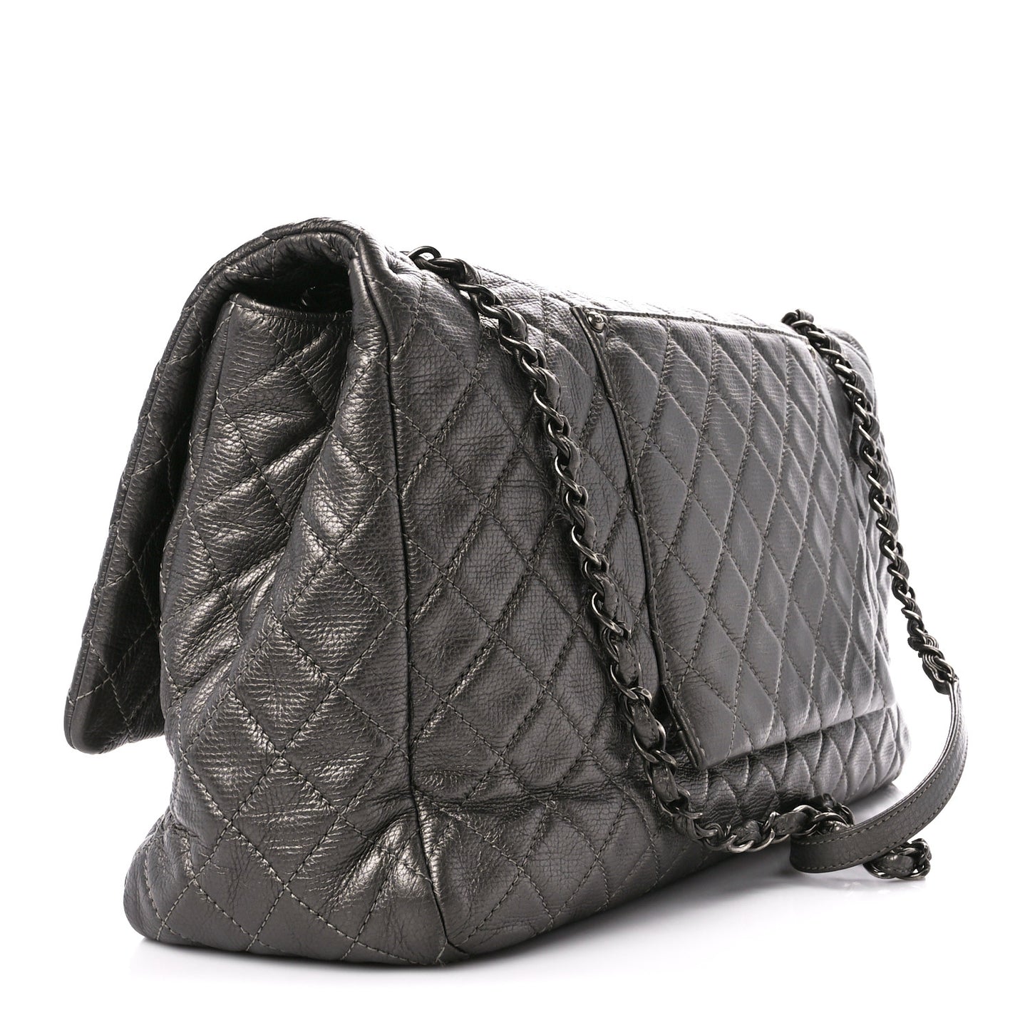 Metallic Calfskin Quilted Small XXL Travel Flap Bag Dark Silver