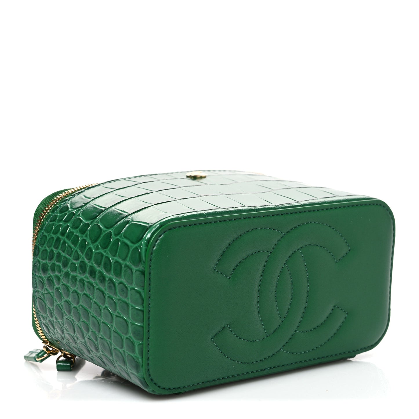 Calfskin Crocodile Embossed Exoticoco Small Top Handle Vanity Case With Chain Emerald