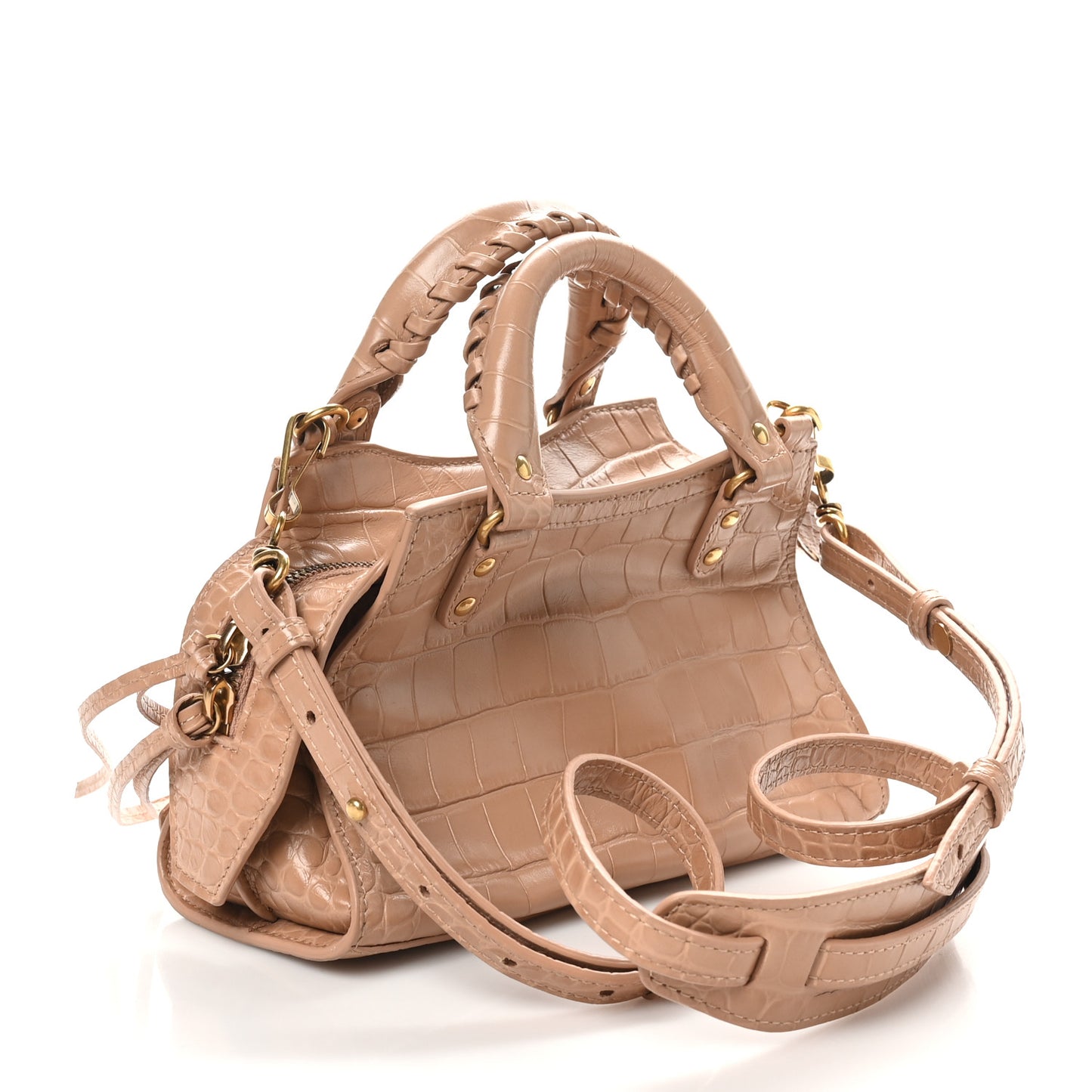 Shiny Supple Calfskin Crocodile Embossed Neo Classic Gold Hardware Mini City Nude Beige