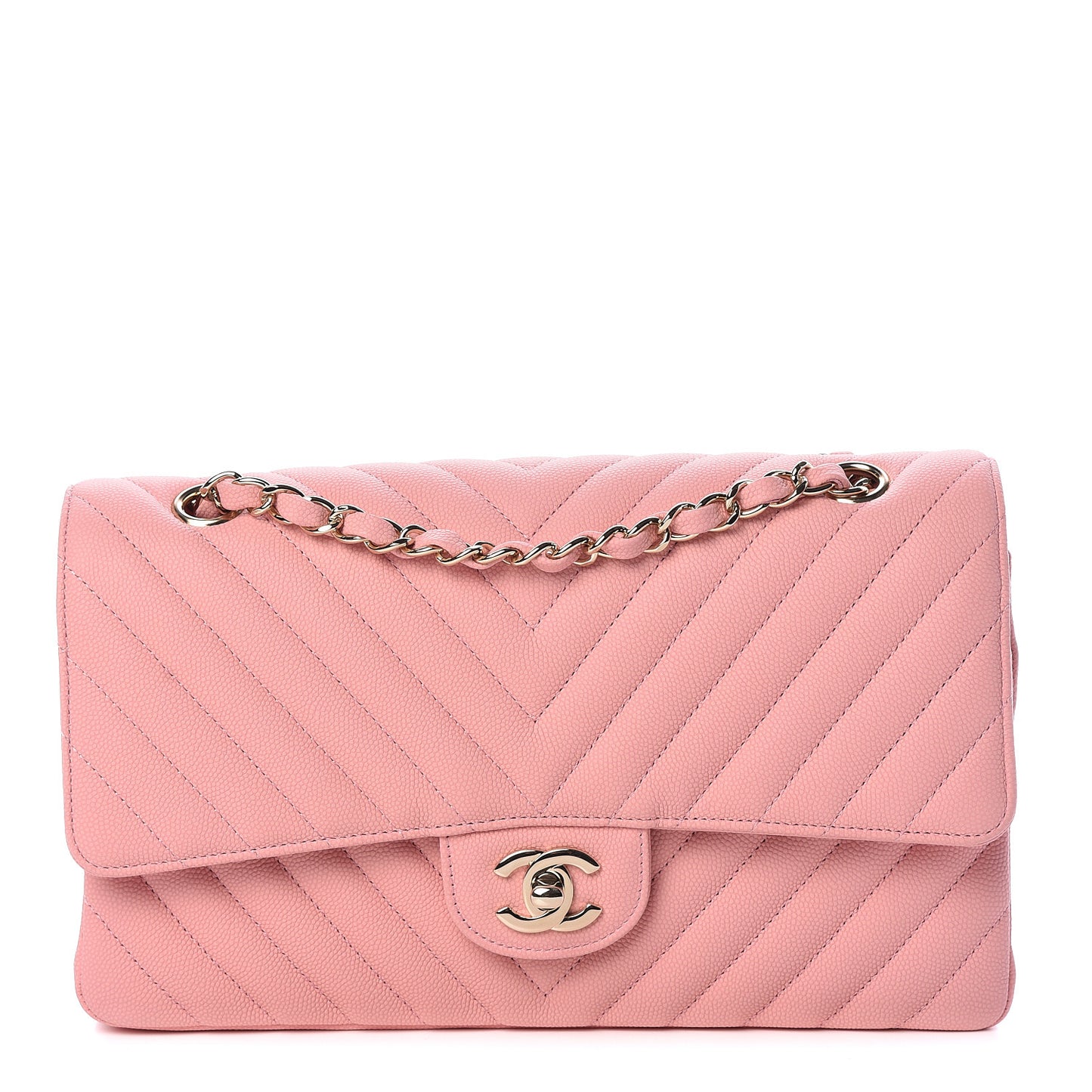 Caviar Chevron Quilted Medium Double Flap Pink