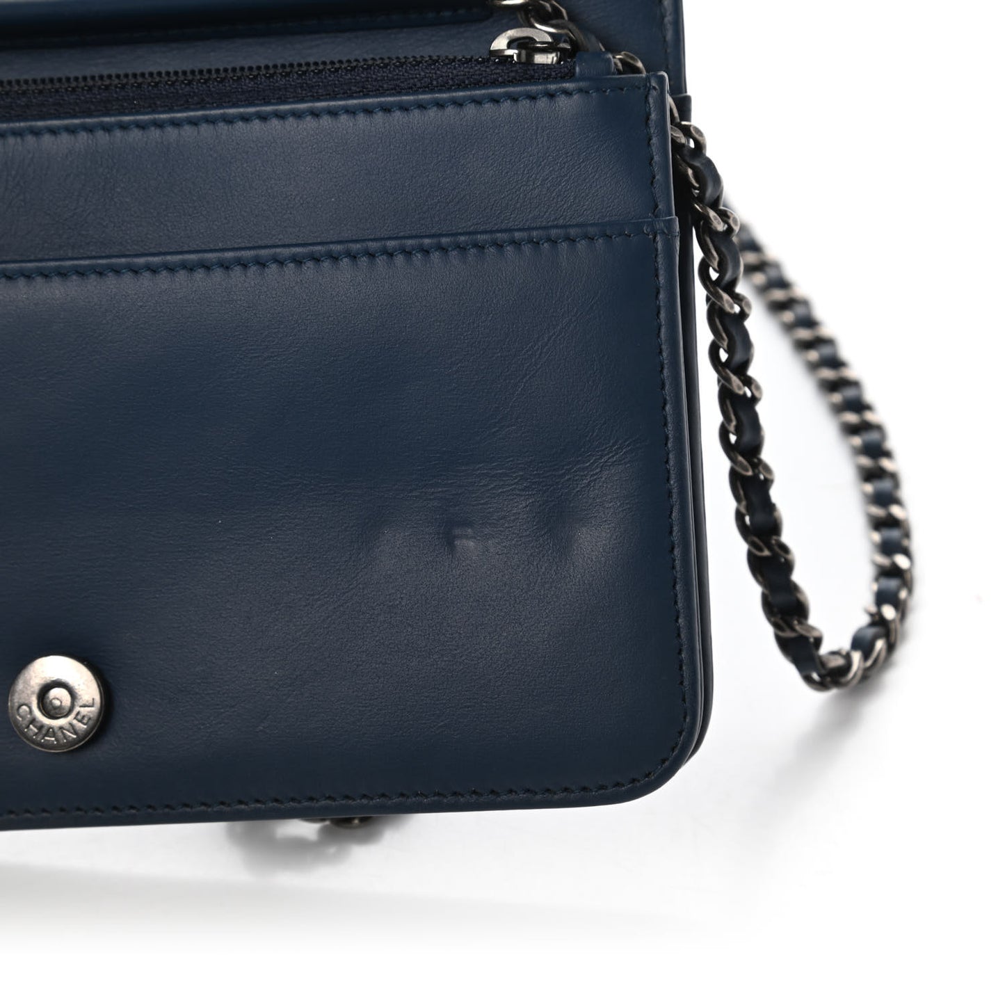 Calfskin Painted Chevron Embossed Boy Wallet On Chain WOC Navy