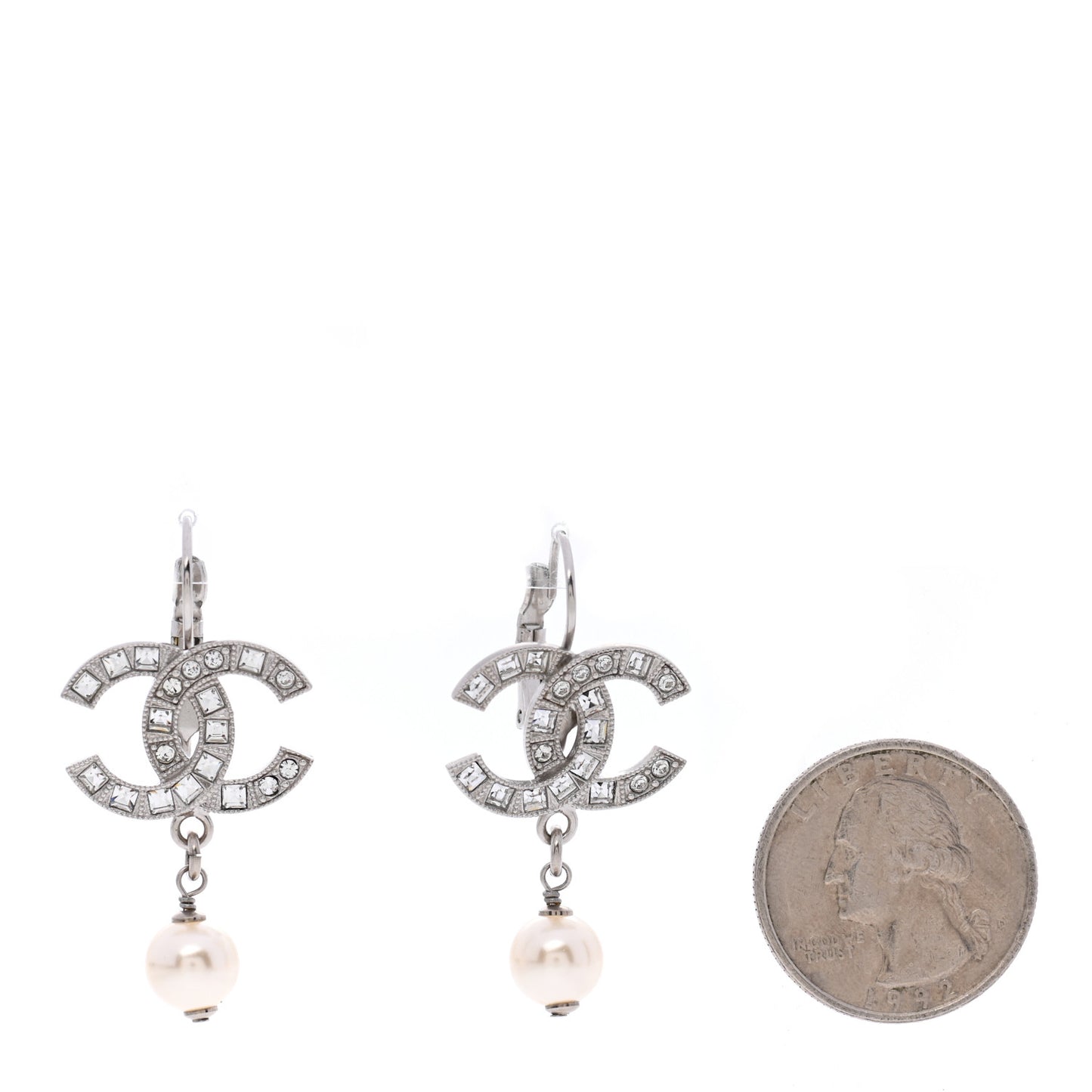 Baguette Crystal Pearl CC Drop Earrings Silver