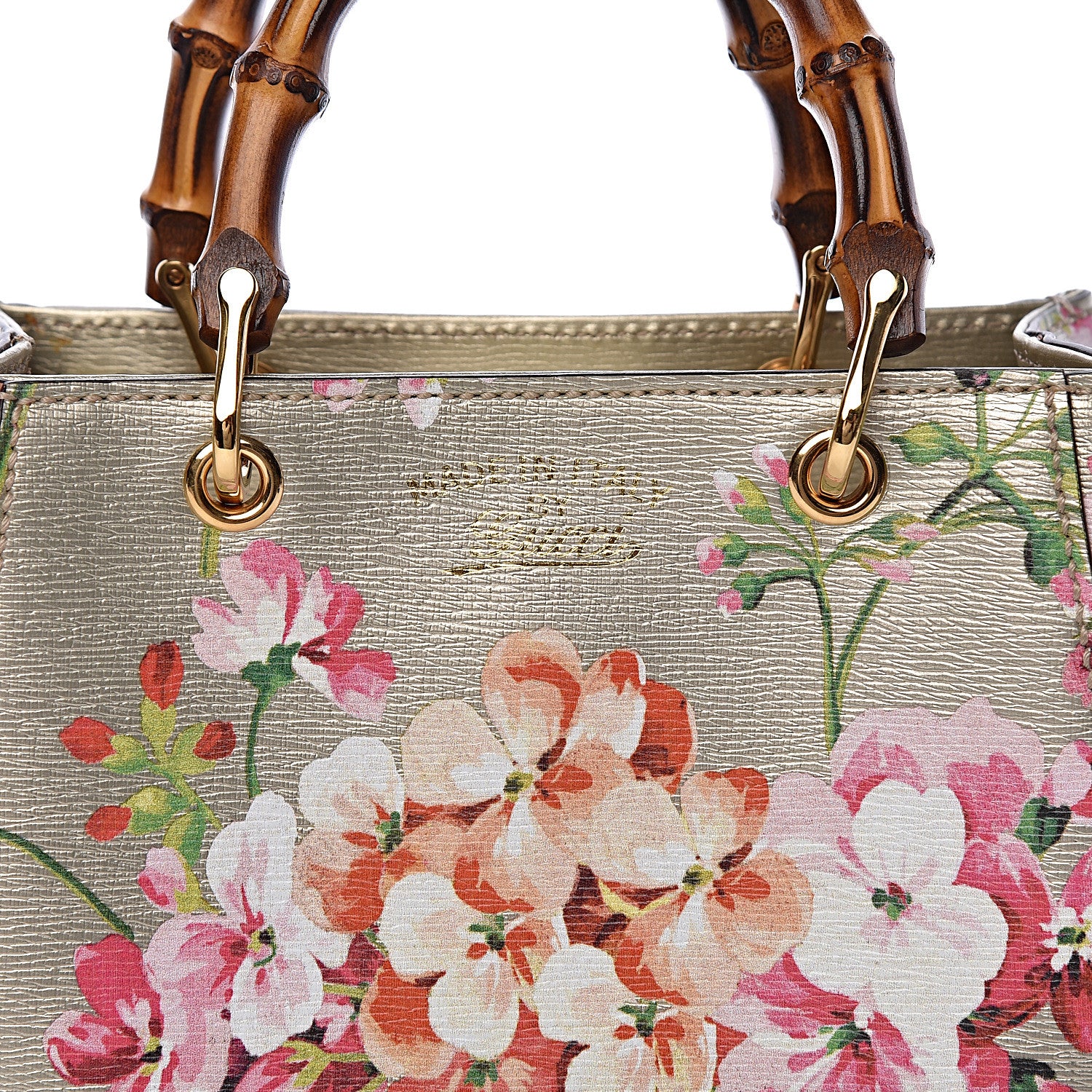 Gucci Metallic Shangai Calfskin Blooms Print Mini Bamboo Shopper Tote Gold Multicolor 10 of 10