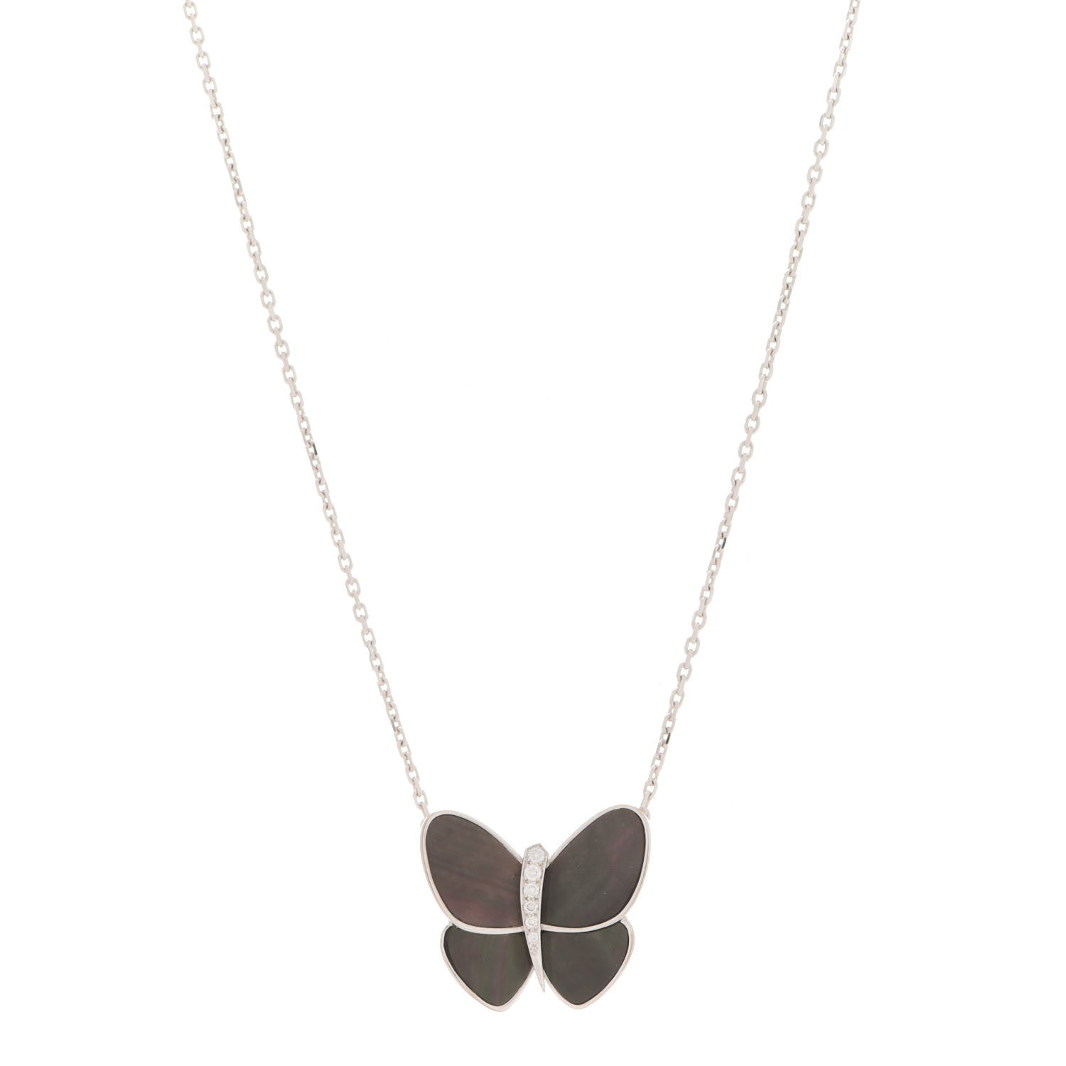 Van Cleef & Arpels 18K White Gold Grey Mother of Pearl Diamond Butterfly Pendant Necklace 1 of 6