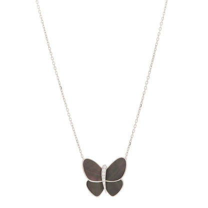 Van Cleef & Arpels 18K White Gold Grey Mother of Pearl Diamond Butterfly Pendant Necklace 1 of 6
