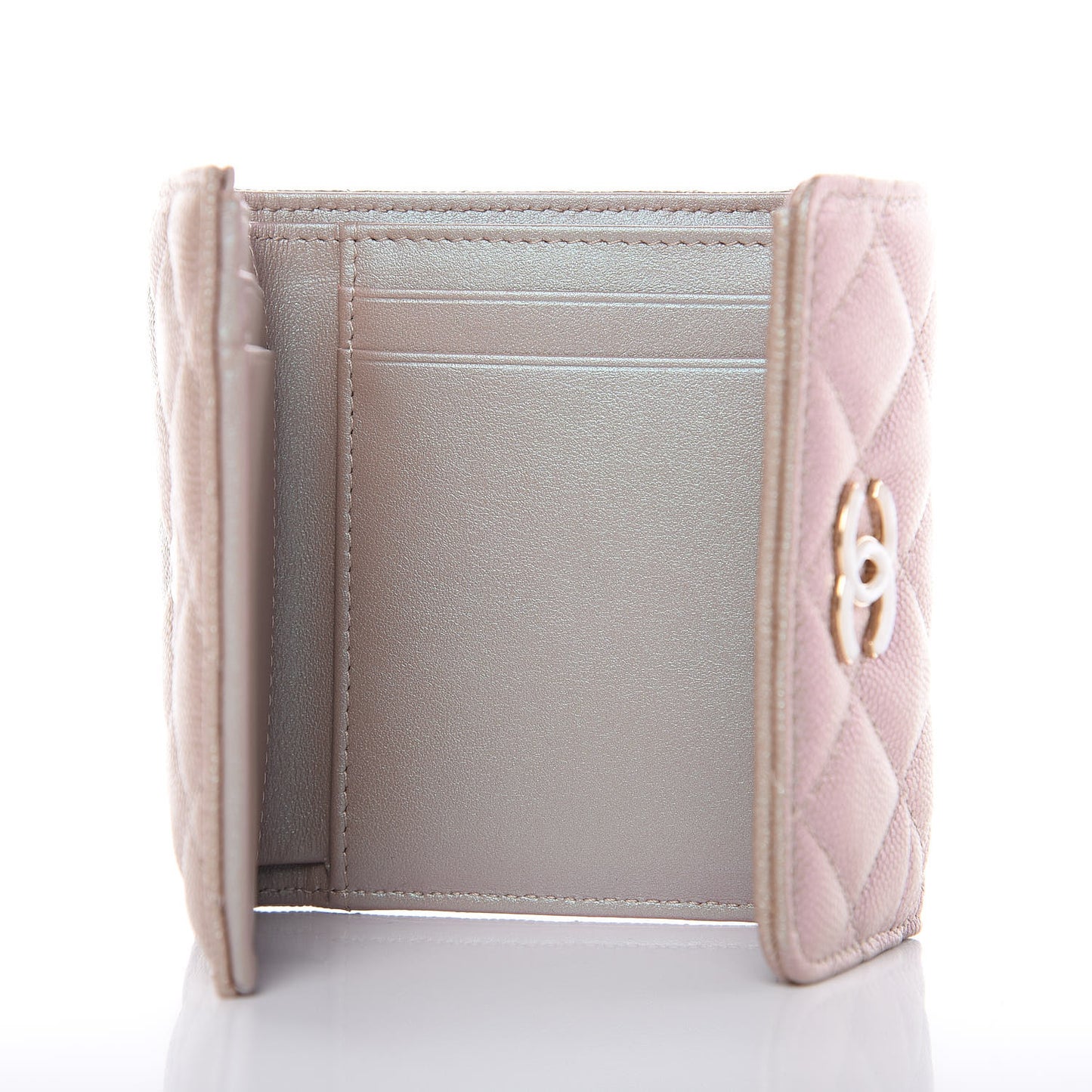 Iridescent Caviar Quilted Small Flap Wallet Beige