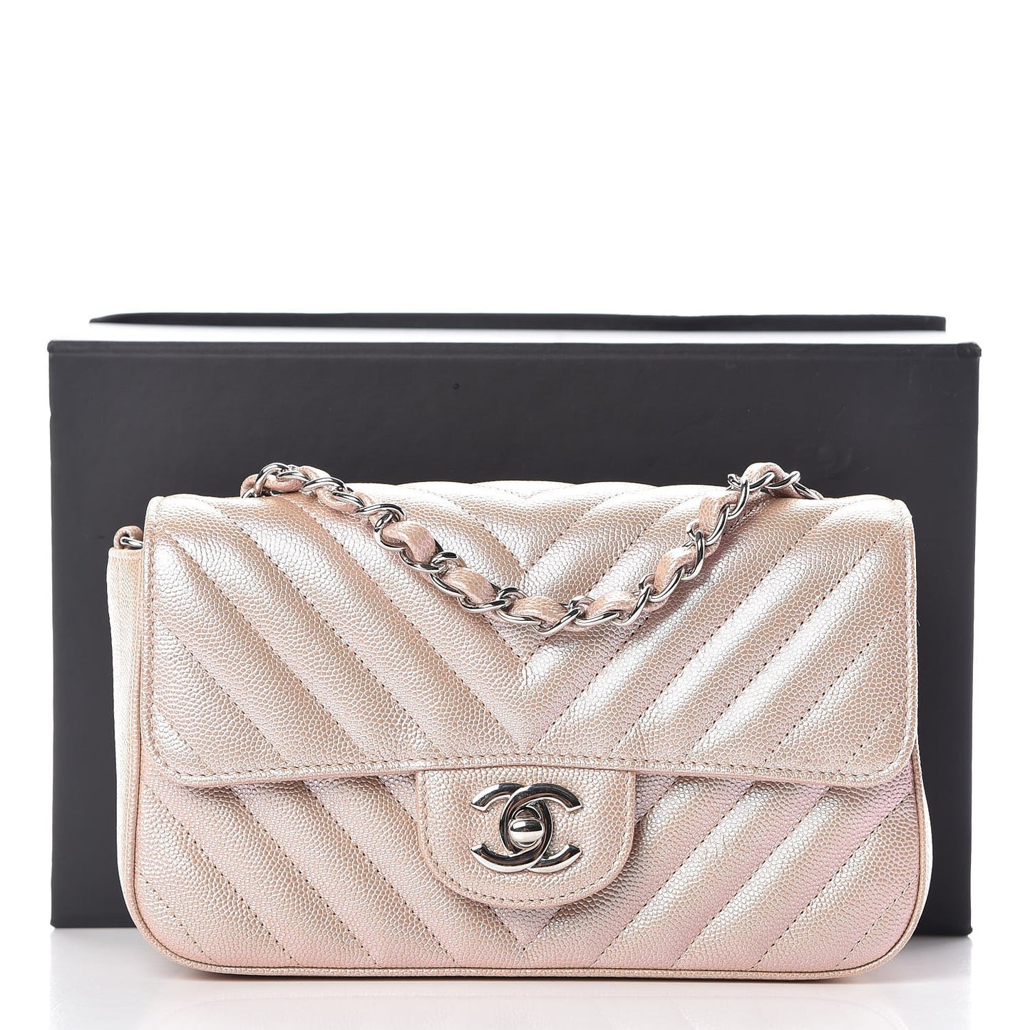 Iridescent Caviar Chevron Quilted Mini Rectangular Flap Light Gold