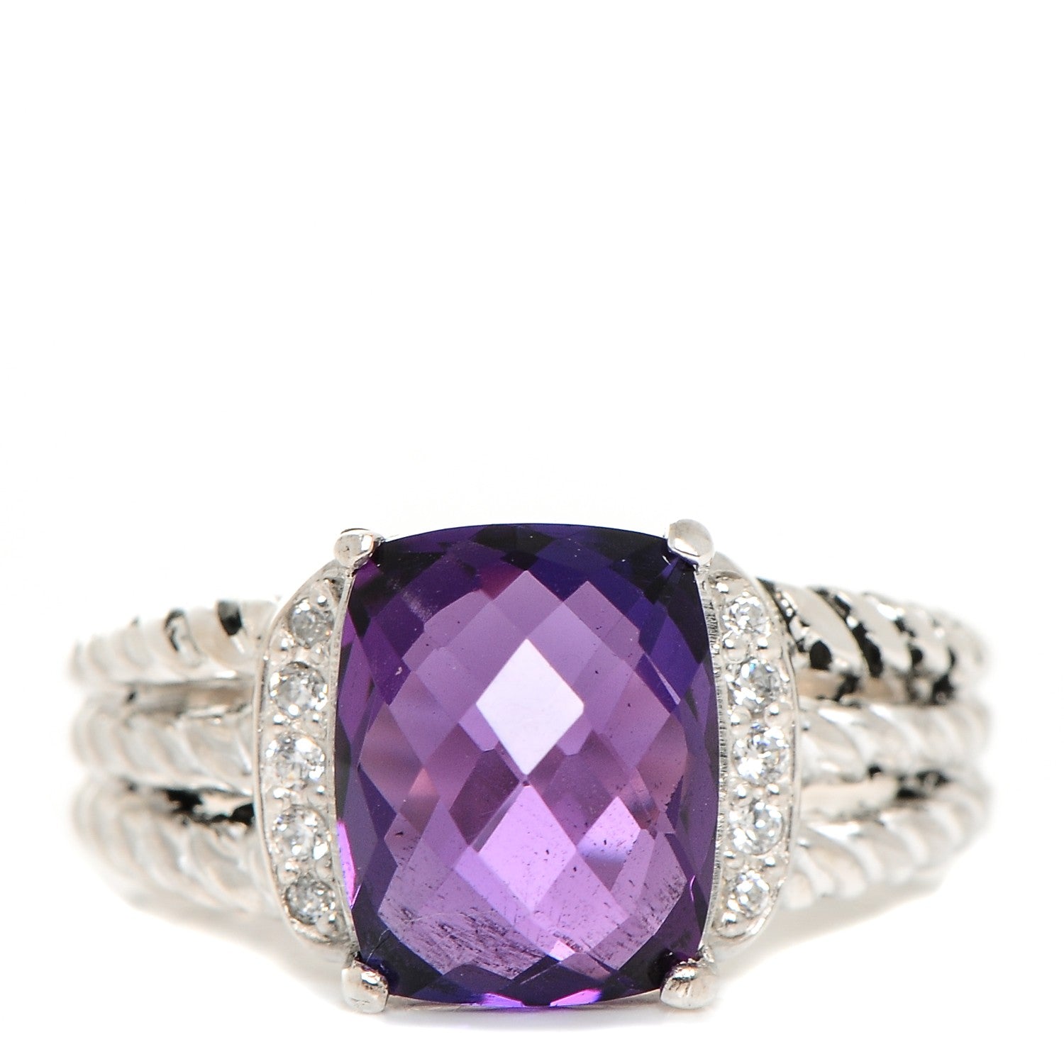 David Yurman Sterling Silver Diamond Amethyst 10mm Petite Wheaton Ring 51 5.75 1 of 4