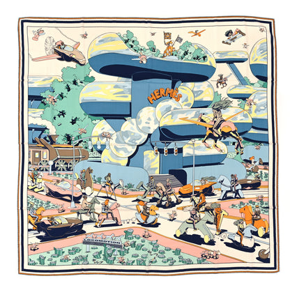 Hermes Cashmere Silk Locomotion Shawl 140 White Bleu Jaune 1 of 3