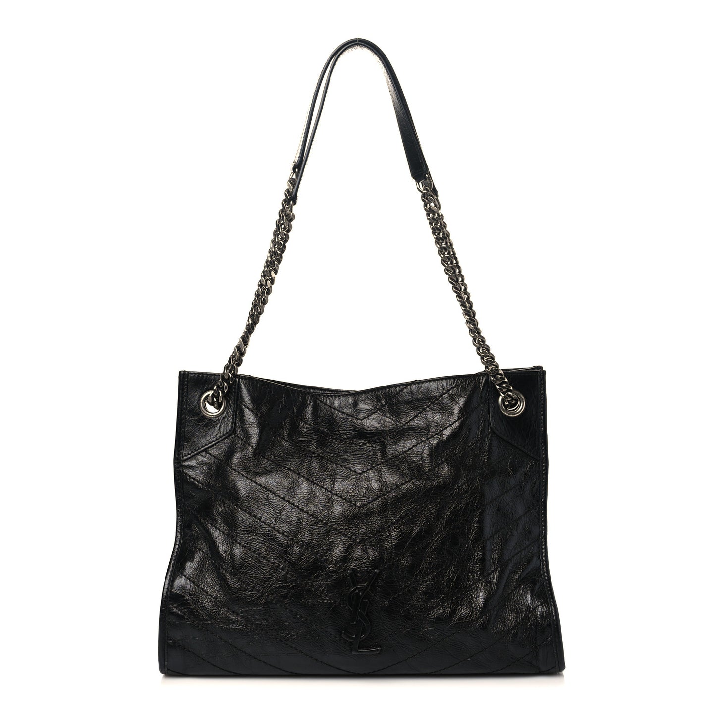 Crinkled Calfskin Matelasse Monogram Medium Niki Shopper Tote Black
