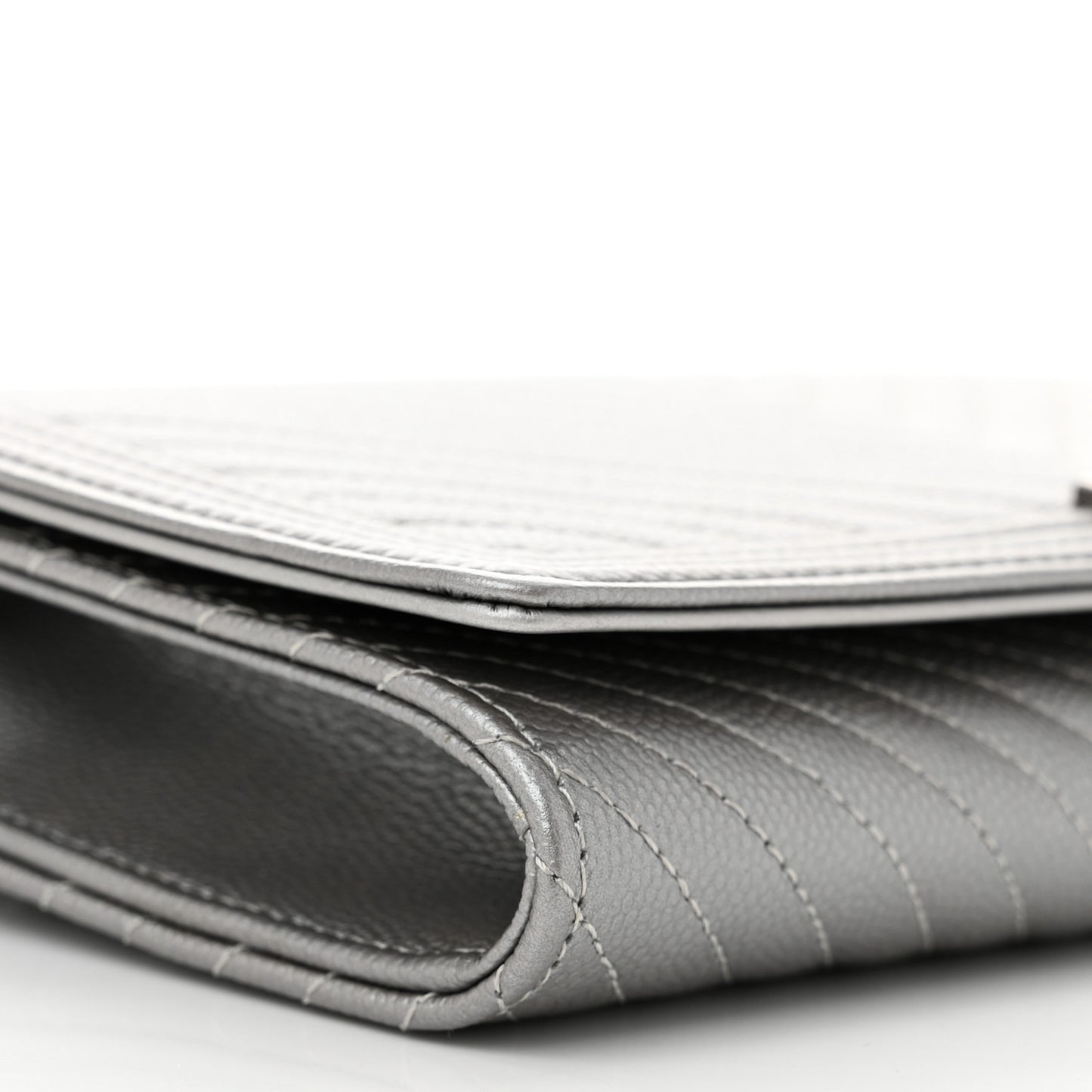 Metallic Caviar Chevron Quilted Boy Wallet On Removable Chain WOC Silver