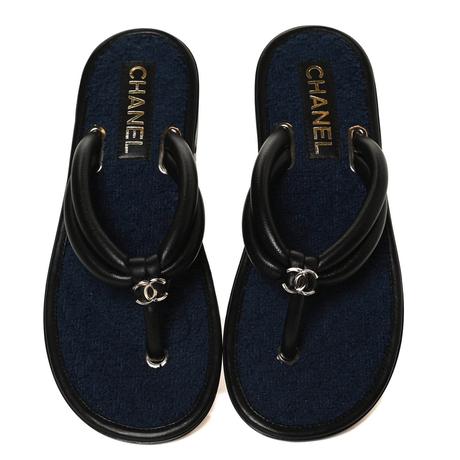 Chanel Lambskin Fabric CC Thong Sandals 36.5 Black Dark Navy 5 of 10