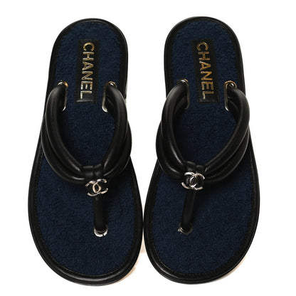 Chanel Lambskin Fabric CC Thong Sandals 36.5 Black Dark Navy 5 of 10