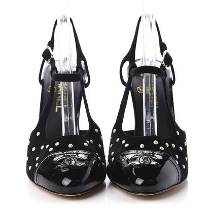 Chanel Suede Pearl Patent Cap Toe CC Ankle Strap Pumps 37.5 Black 2 of 9