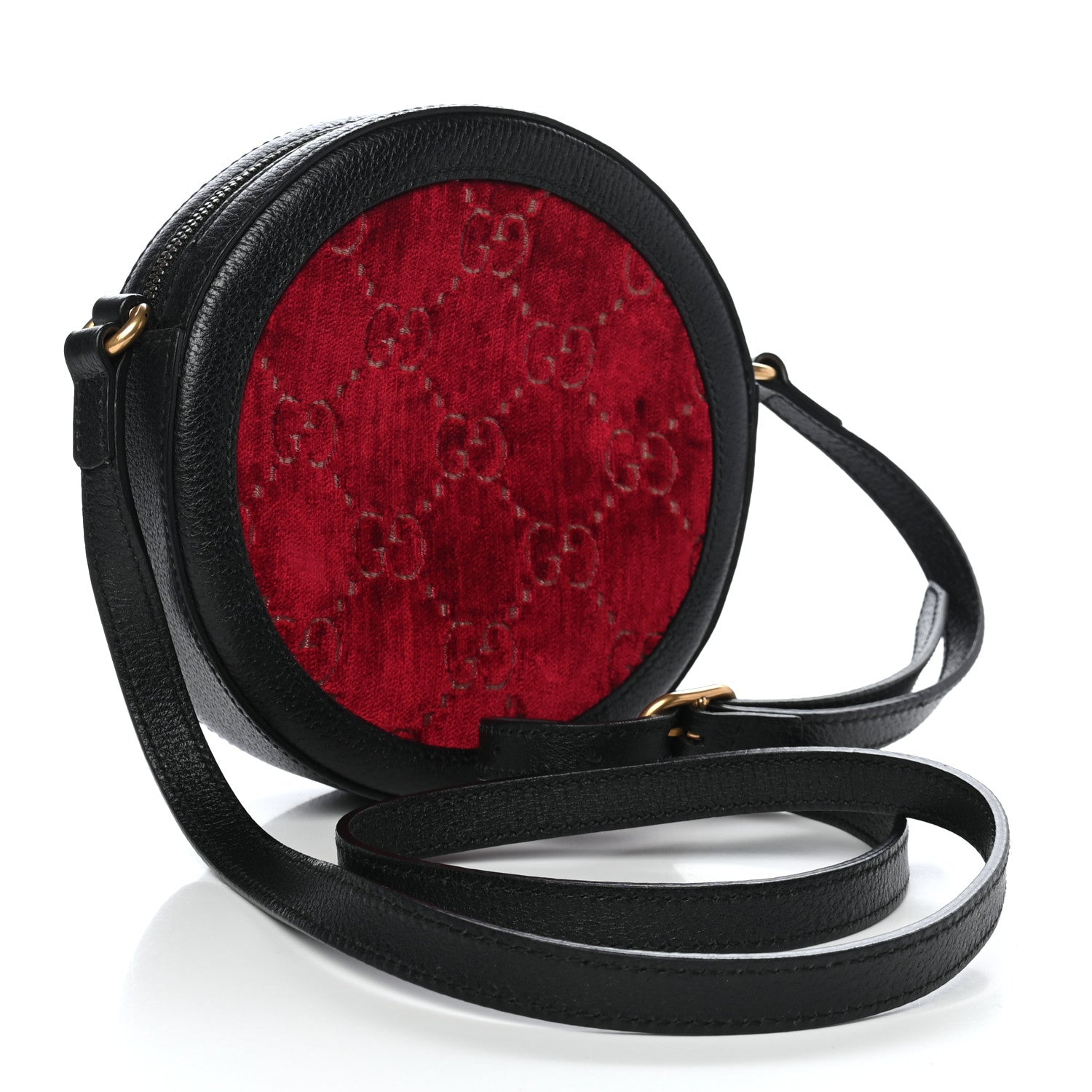 Gucci Velvet GG Monogram Textured Calfskin Round Shoulder Bag Red Cipria Black 3 of 9
