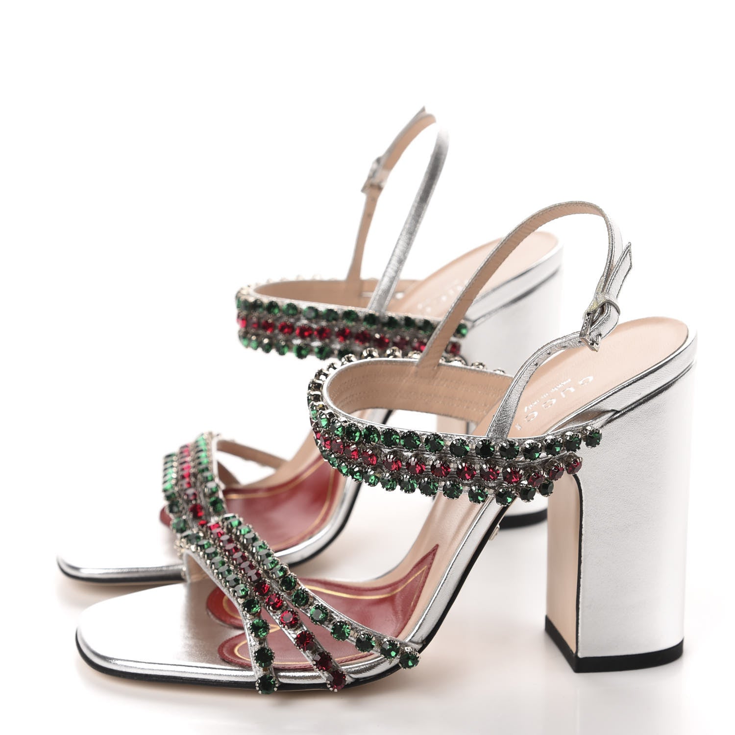 Gucci Nappa Silk Crystal Bertie High Heel Sandals 37 Argento 3 of 11
