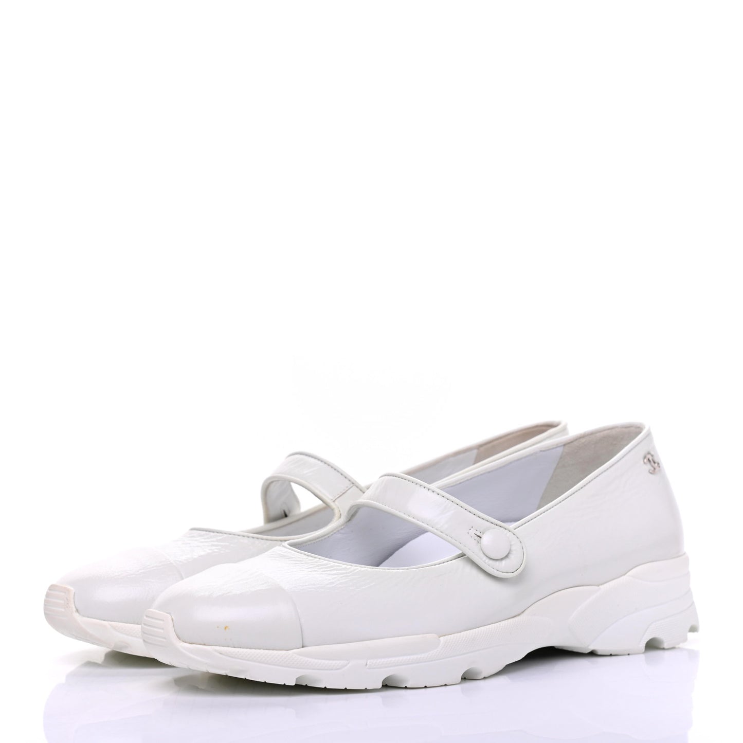 Patent Calfskin Mary Jane Strap Pumps 37 White