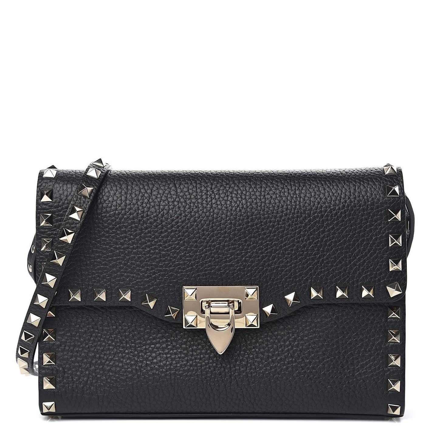 Pebbled Calfskin Medium Rockstud Flip Lock Crossbody Bag Black