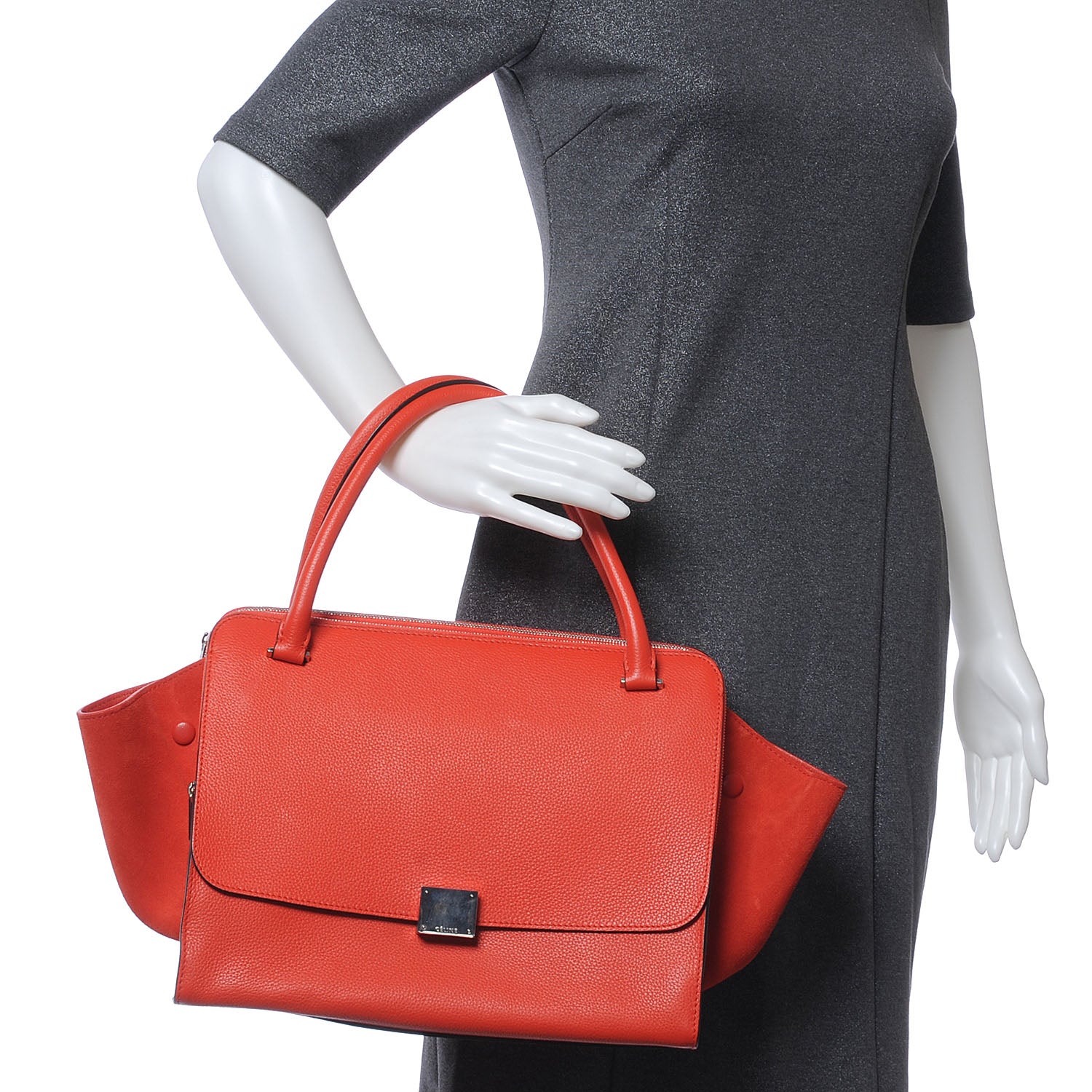 Celine Drummed Calfskin Suede Double Zip Trapeze Vermillion 2 of 7