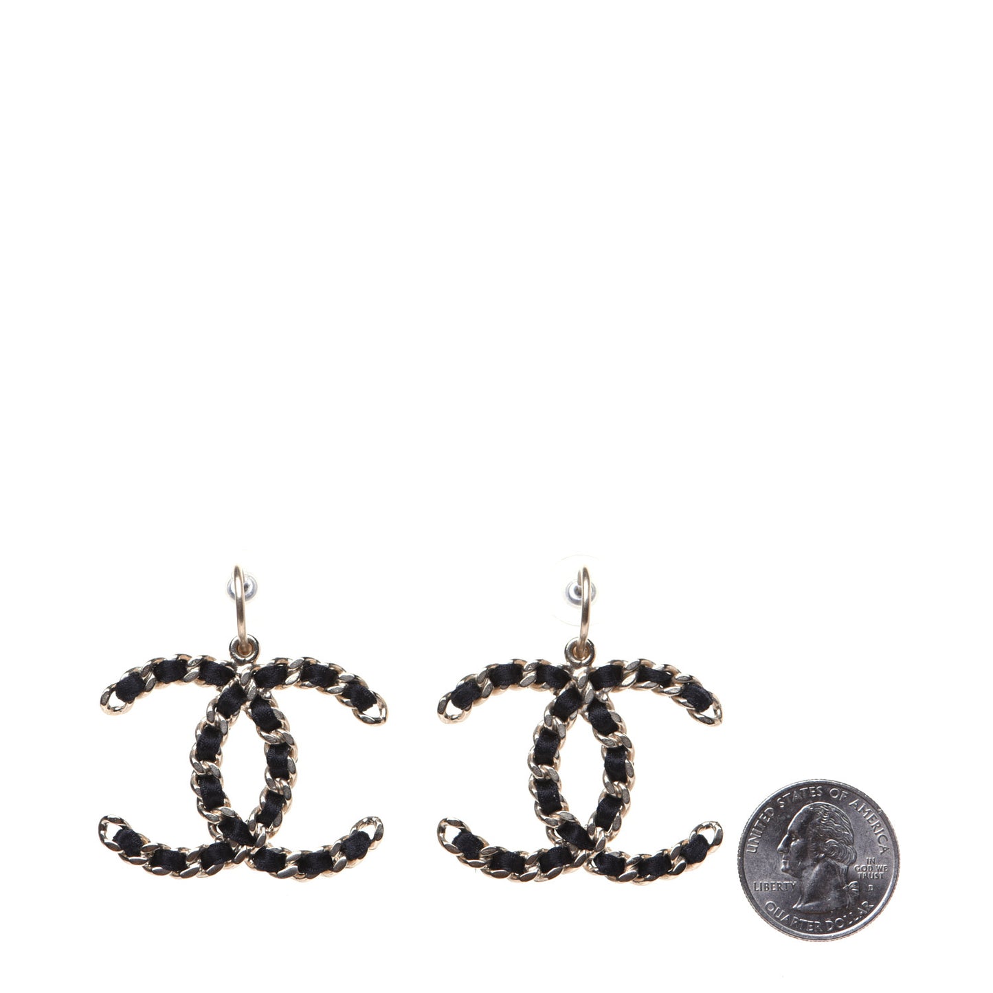 Satin CC Chain Earrings Light Gold Black