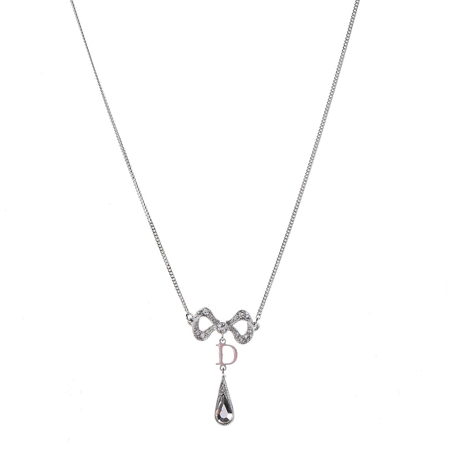Christian Dior Crystal Bow Drop Necklace Silver 1 of 6