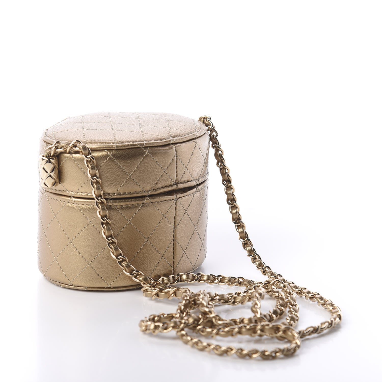 Chanel Metallic Lambskin Quilted Round Mini Vanity Case With Chain Gold 3 of 10