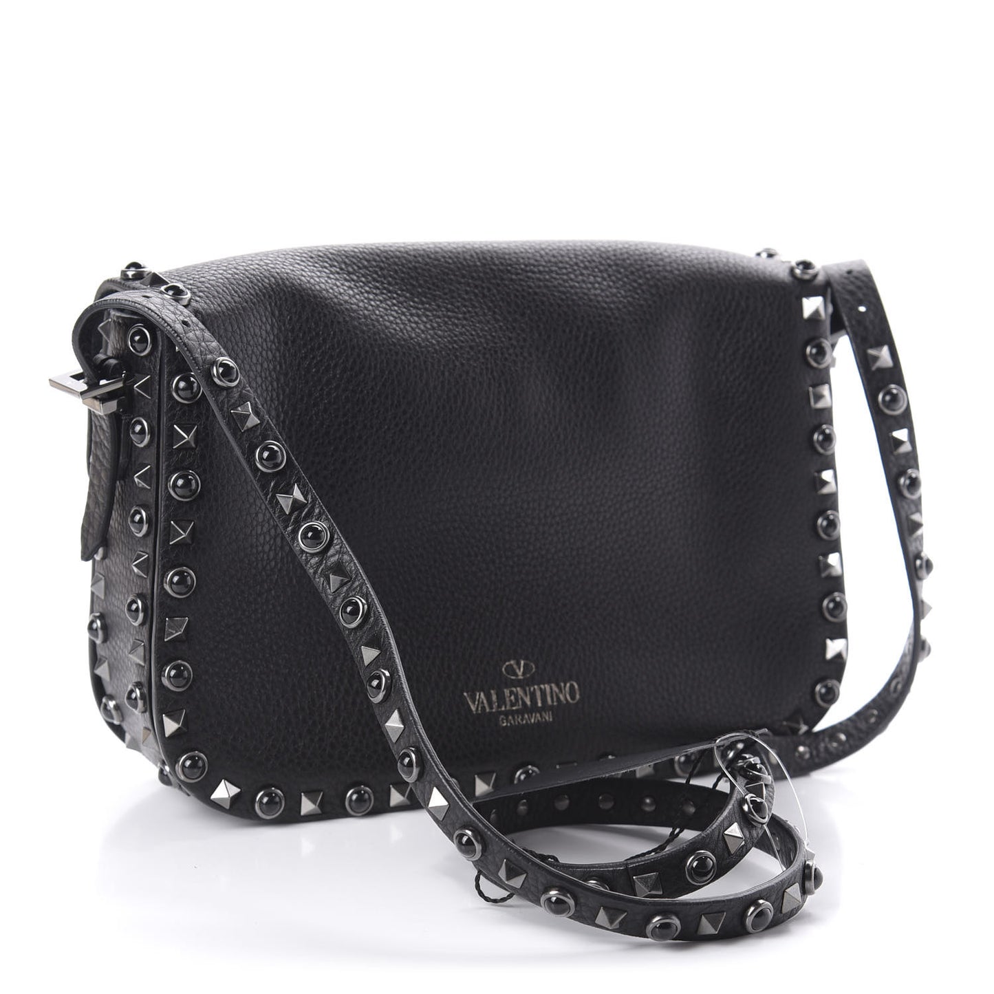 Pebbled Calfskin Onyx Medium Rockstud Rolling Flap Saddle Bag Black