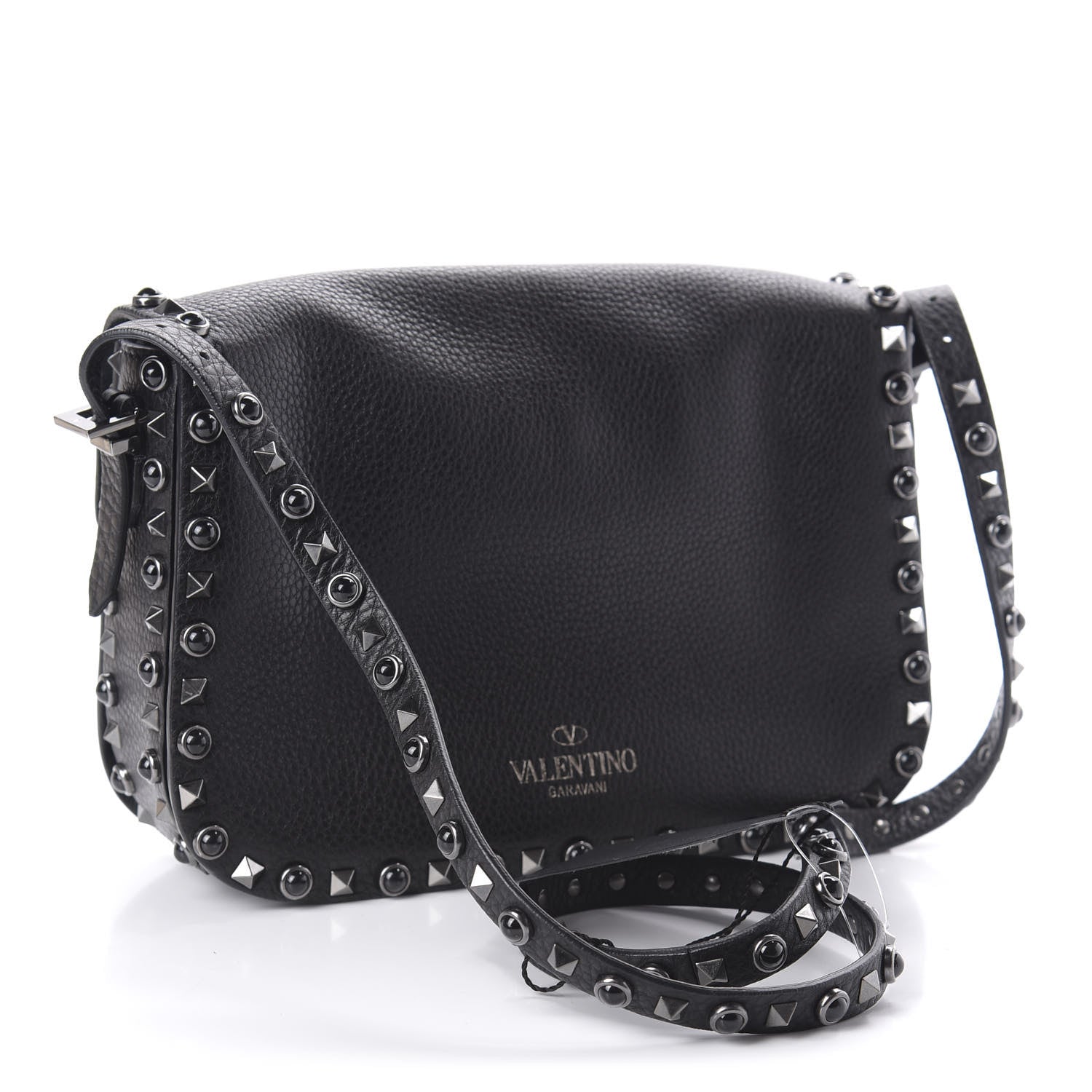 Valentino Garavani Pebbled Calfskin Onyx Medium Rockstud Rolling Flap Saddle Bag Black 3 of 9