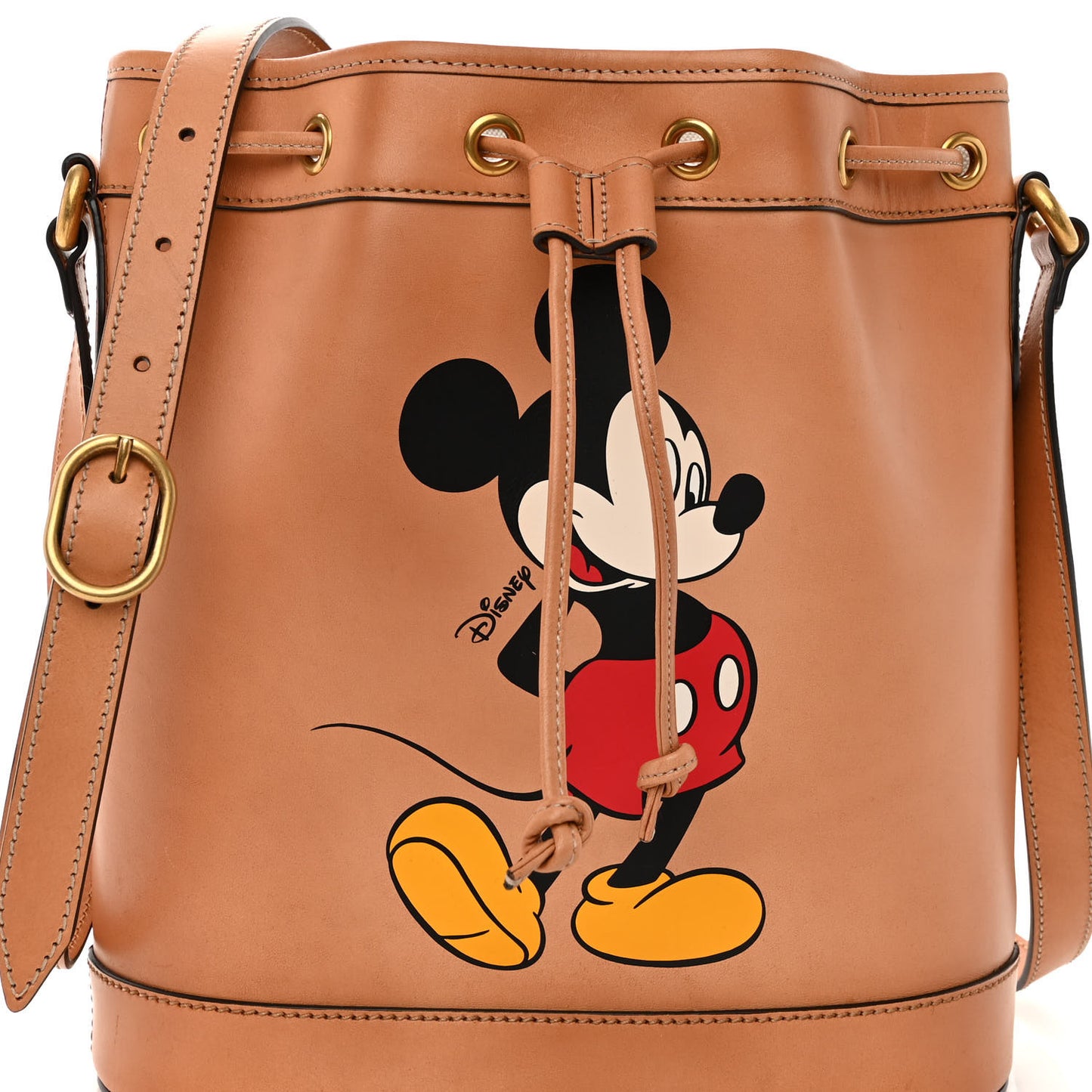 X DISNEY Calfskin Mickey Mouse Printed Bucket Bag Brown