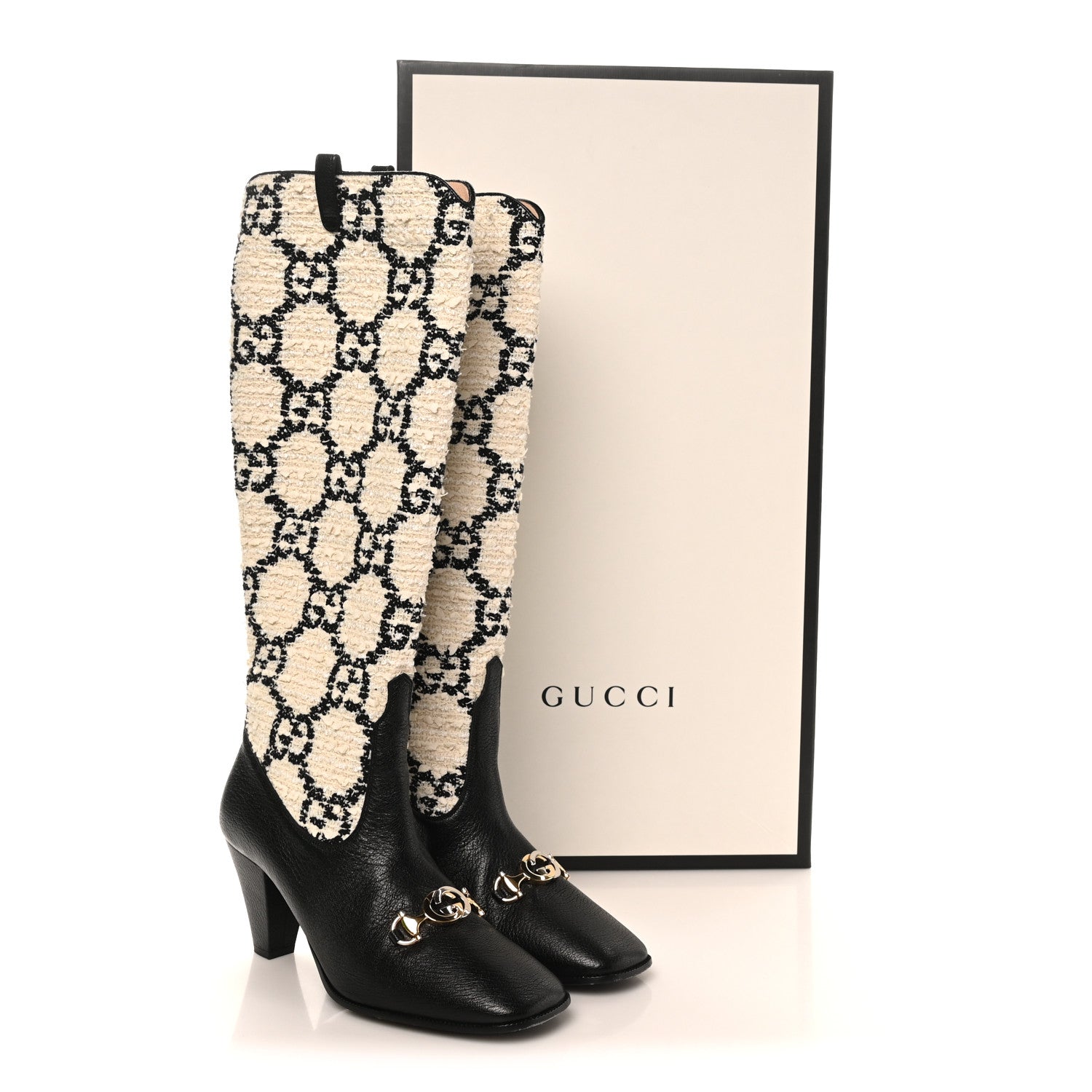 Gucci Tweed GG Monogram Wrinkled Kid Zumi Knee Boots 39.5 Natural Black 10 of 10