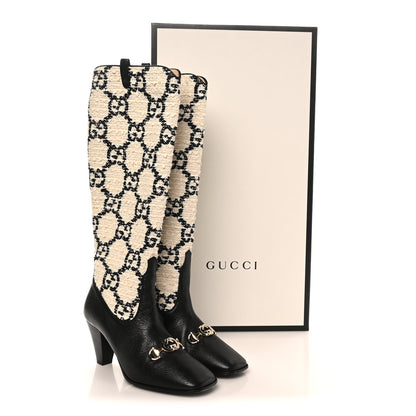 Gucci Tweed GG Monogram Wrinkled Kid Zumi Knee Boots 39.5 Natural Black 10 of 10