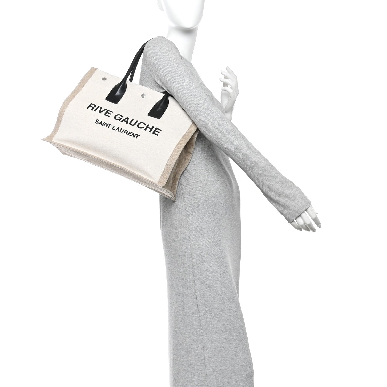Saint Laurent Linen Calfskin Small Rive Gauche Tote Greggio Natural 2 of 9