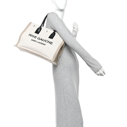 Saint Laurent Linen Calfskin Small Rive Gauche Tote Greggio Natural 2 of 9
