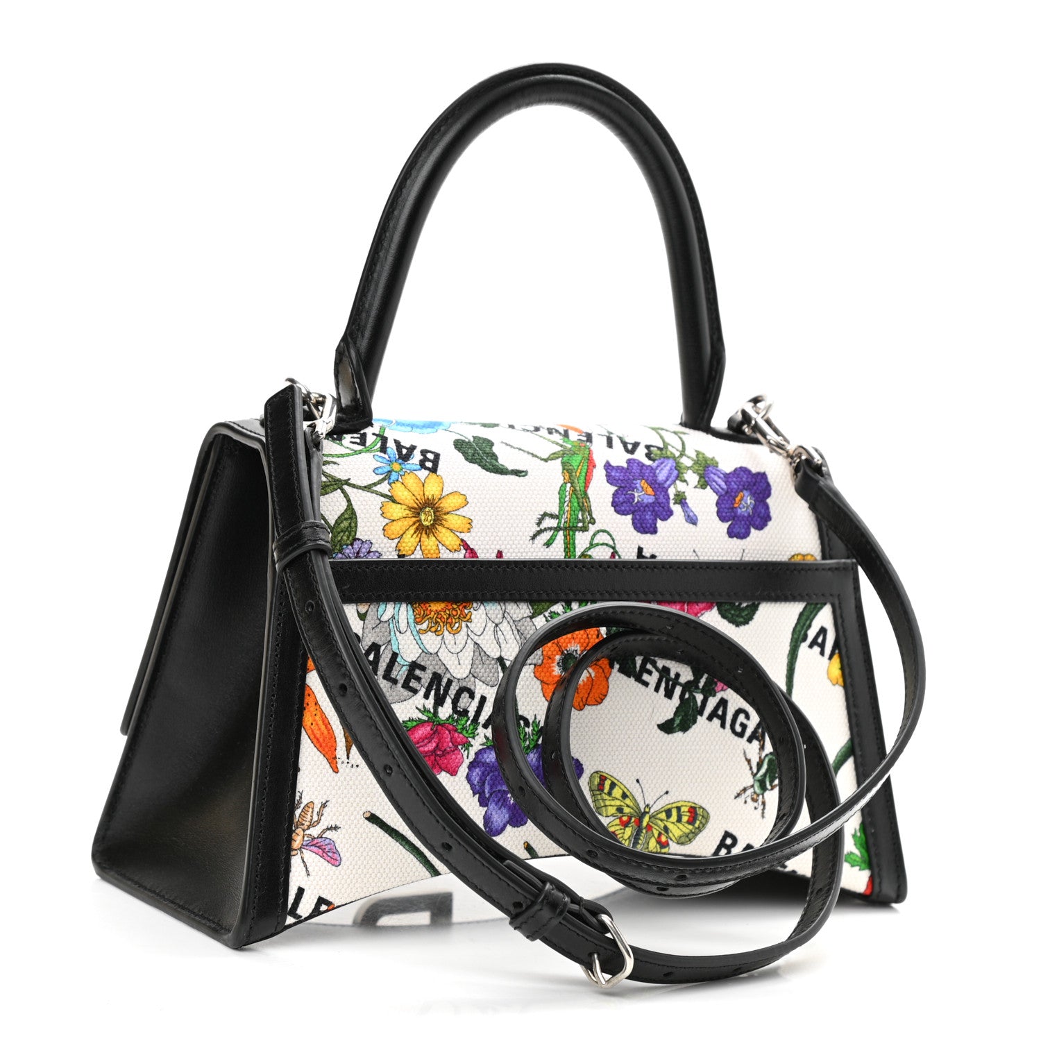 Balenciaga X GUCCI Canvas Boarded Plutone Calfskin Flora Logo Print Small Hourglass Top Handle Bag White Multicolor Black 3 of 9
