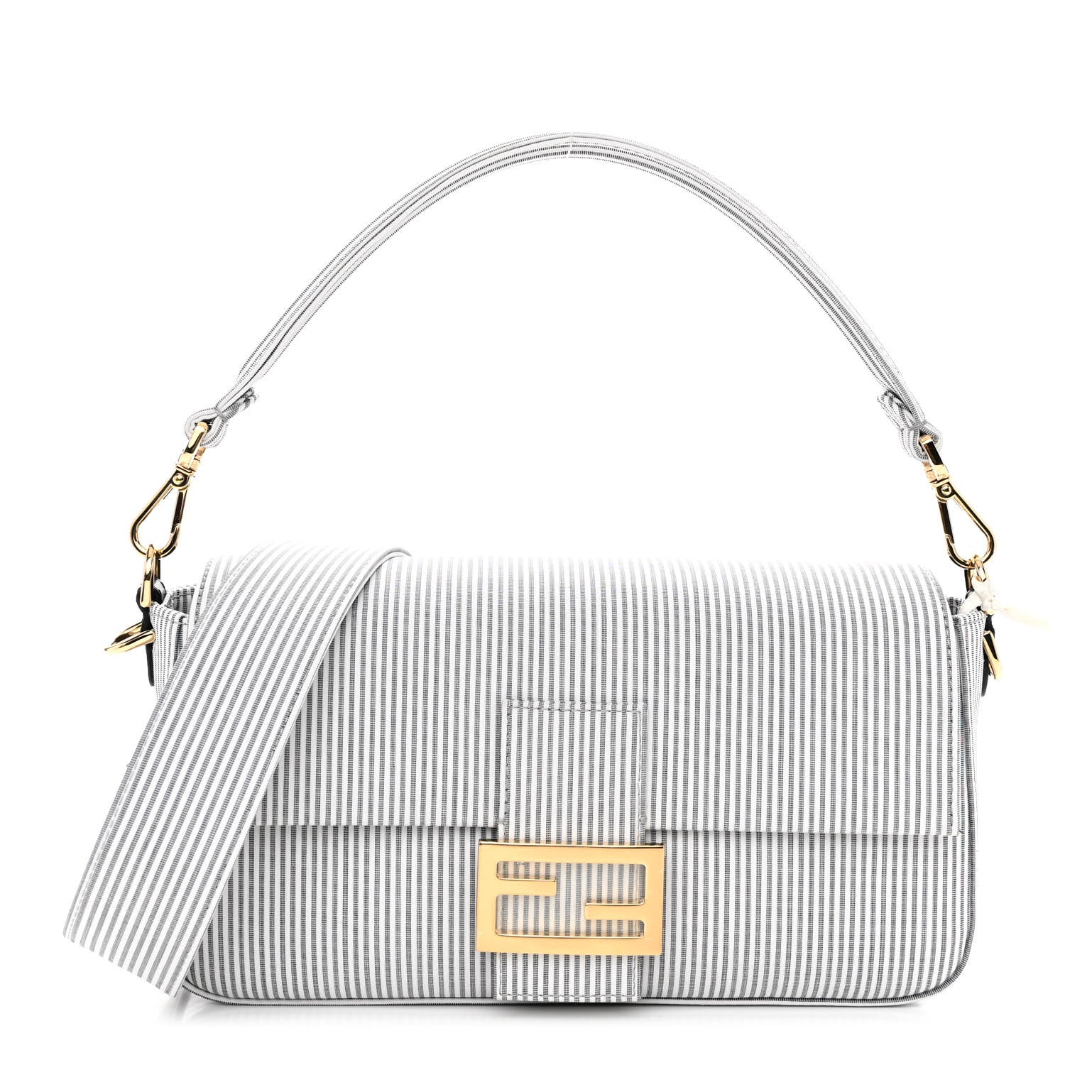 Fendi Cotton Cuoio Bretagna Striped Baguette Grigio White Black 1 of 9