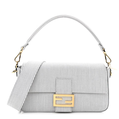 Fendi Cotton Cuoio Bretagna Striped Baguette Grigio White Black 1 of 9