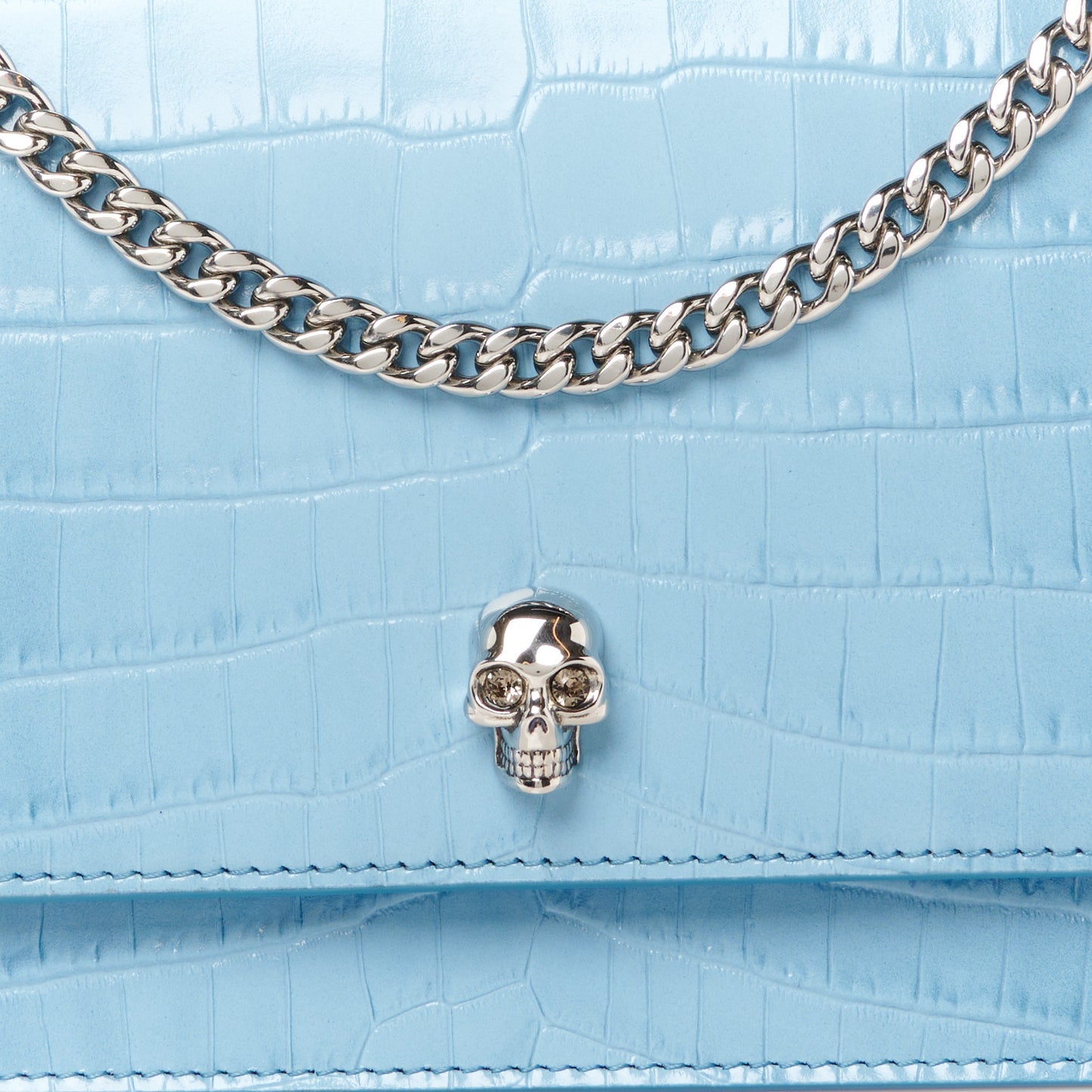Calfskin Crocodile Embossed Medium Skull Top Handle Bag Blue