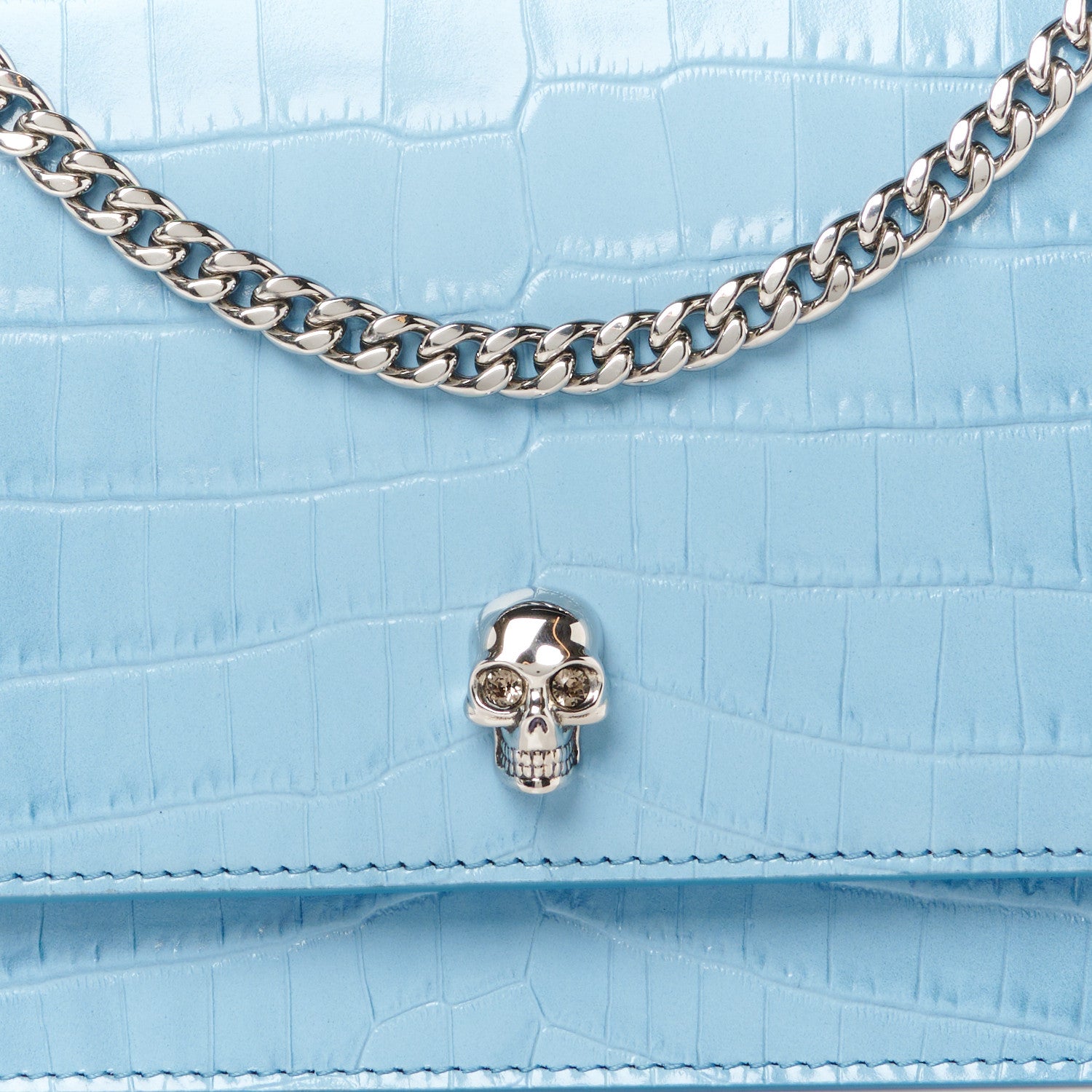 Alexander McQueen Calfskin Crocodile Embossed Medium Skull Top Handle Bag Blue 9 of 11
