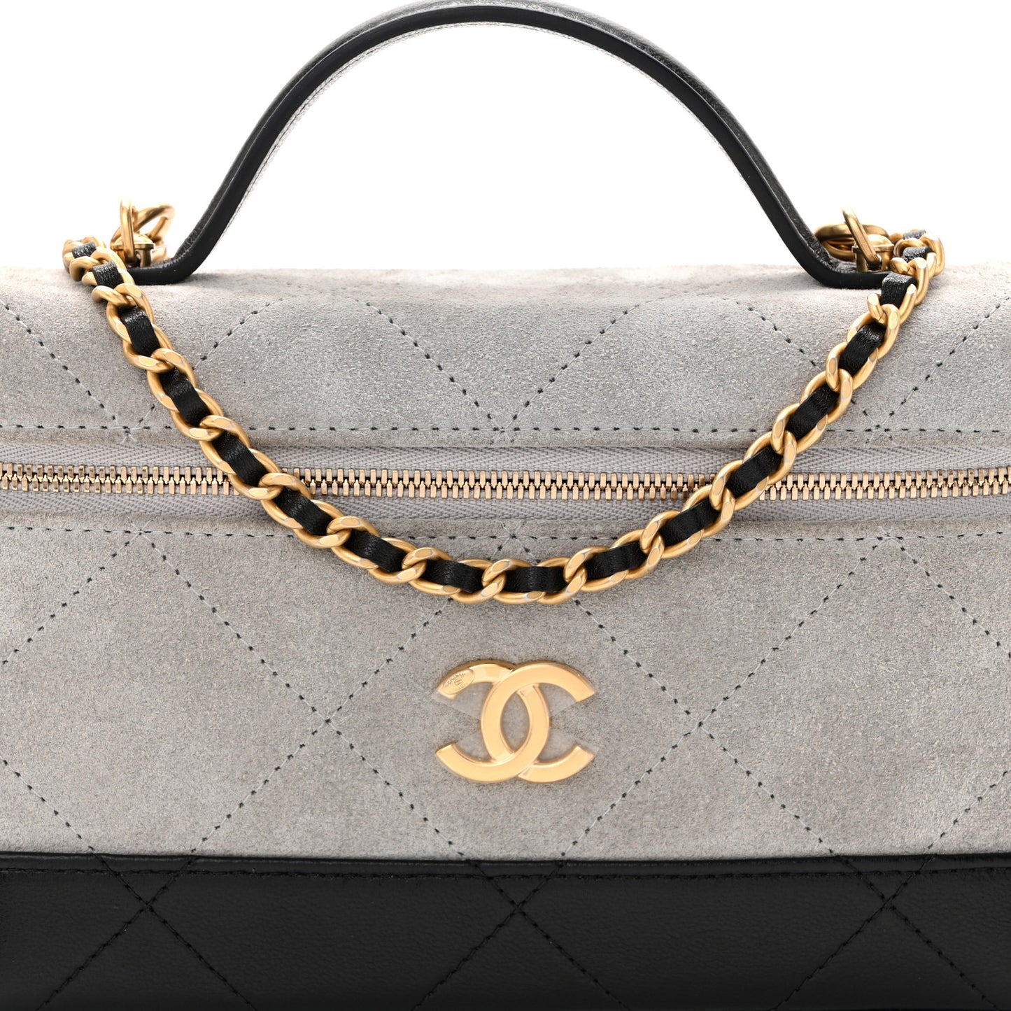 Suede Calfskin Shiny Lambskin Quilted Top Handle Slim Vanity Case With Chain Grey Black