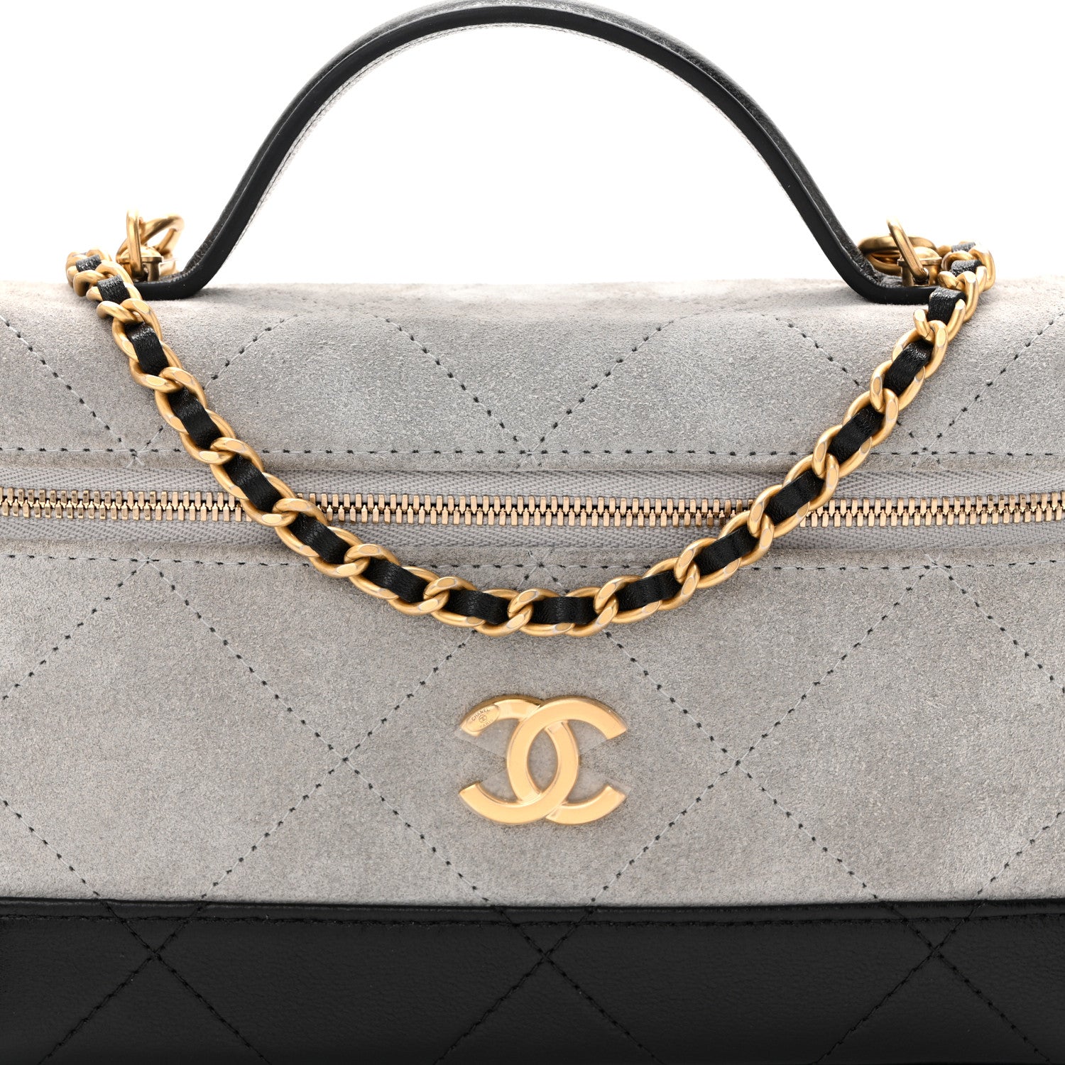 Chanel Suede Calfskin Shiny Lambskin Quilted Top Handle Slim Vanity Case With Chain Grey Black 8 of 13