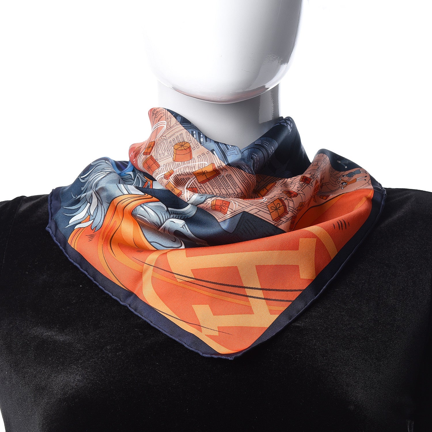 Hermes Silk Space Shopping Au Faubourg Pocket Square Marine Orange Violet 2 of 6