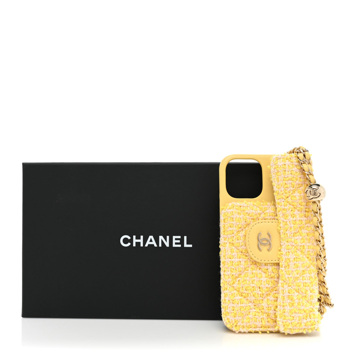 Chanel Tweed Quilted iPhone XII Pro Case With Chain Yellow Pink