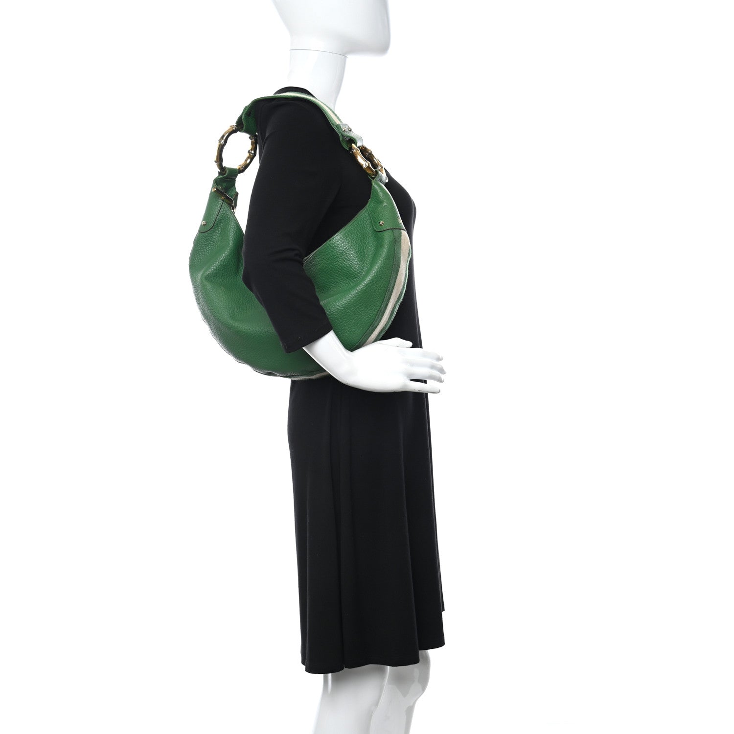 Gucci Calfskin Half Moon Bamboo Ring Hobo Green 2 of 12