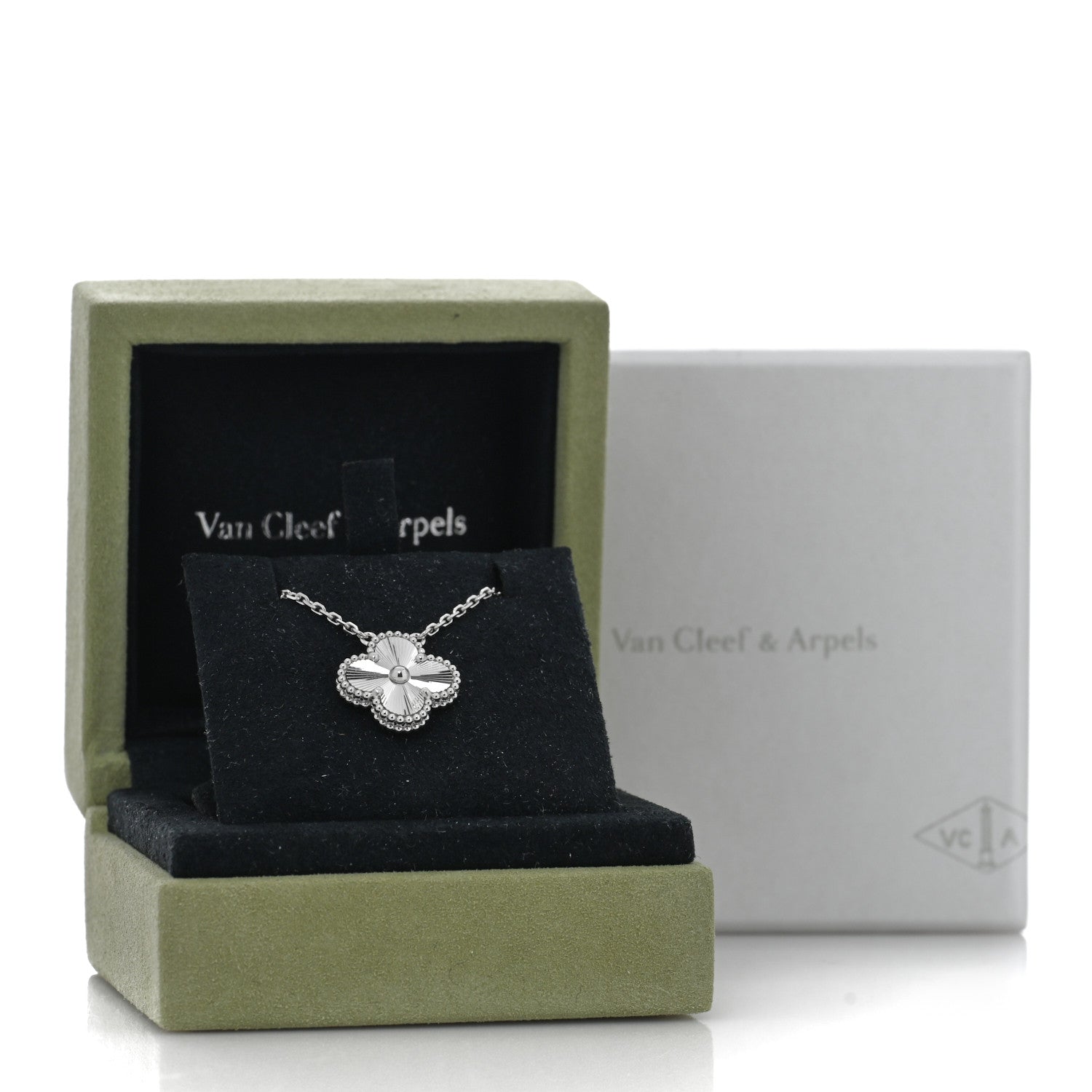 Van Cleef & Arpels 18K White Gold Guilloche Vintage Alhambra Pendant Necklace 5 of 5